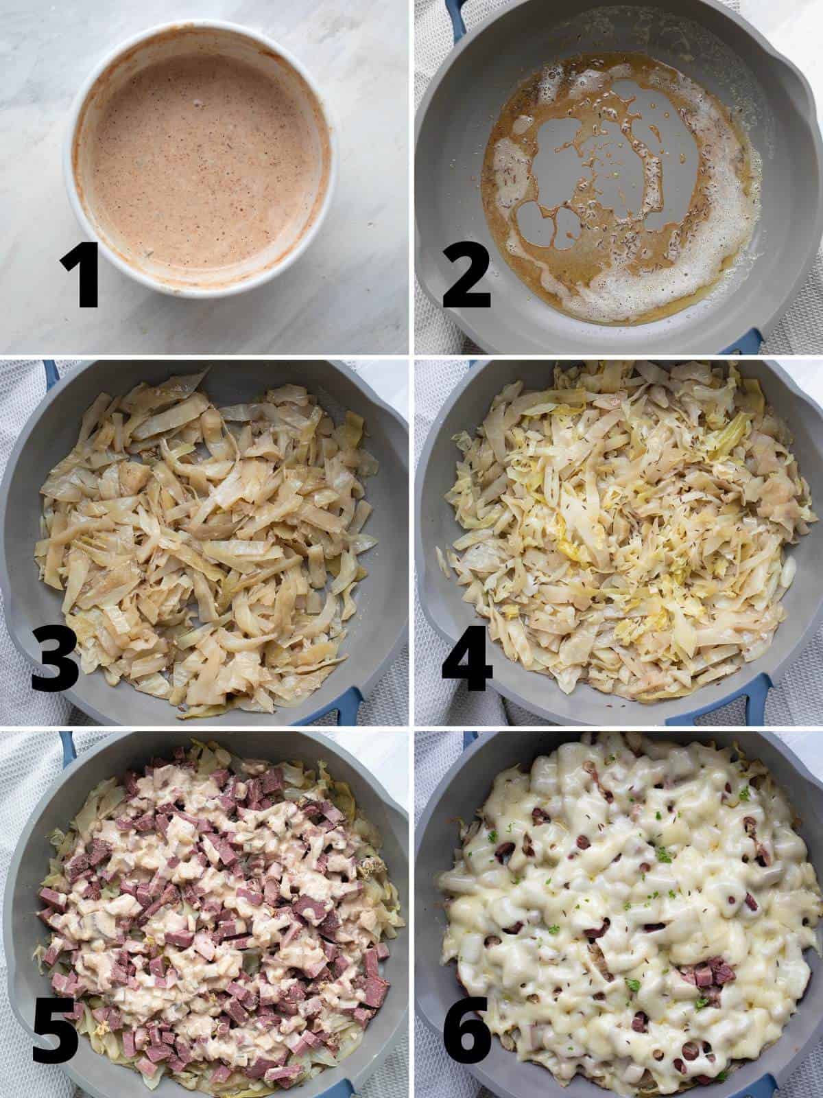 A collage of 6 images showing the steps for making Reuben Casserole.