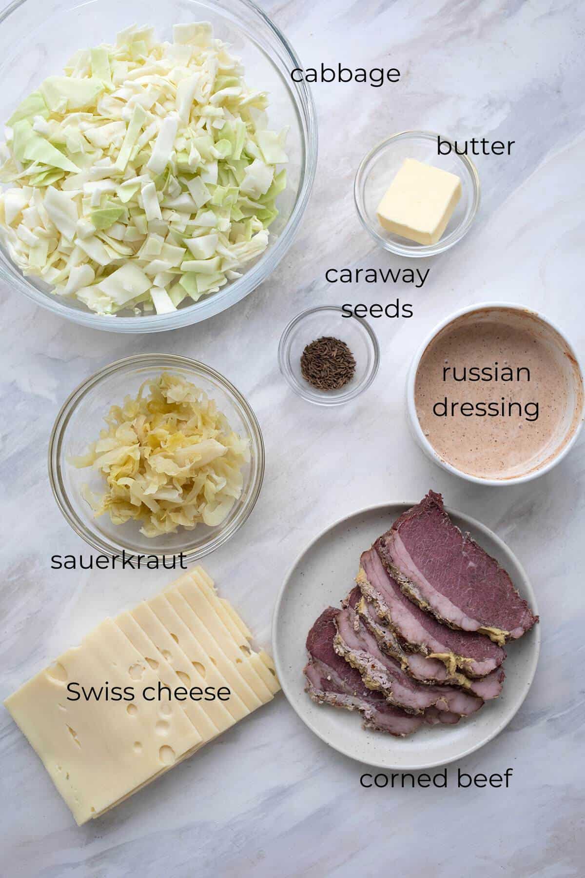Top down image of the ingredients for Keto Reuben Casserole.