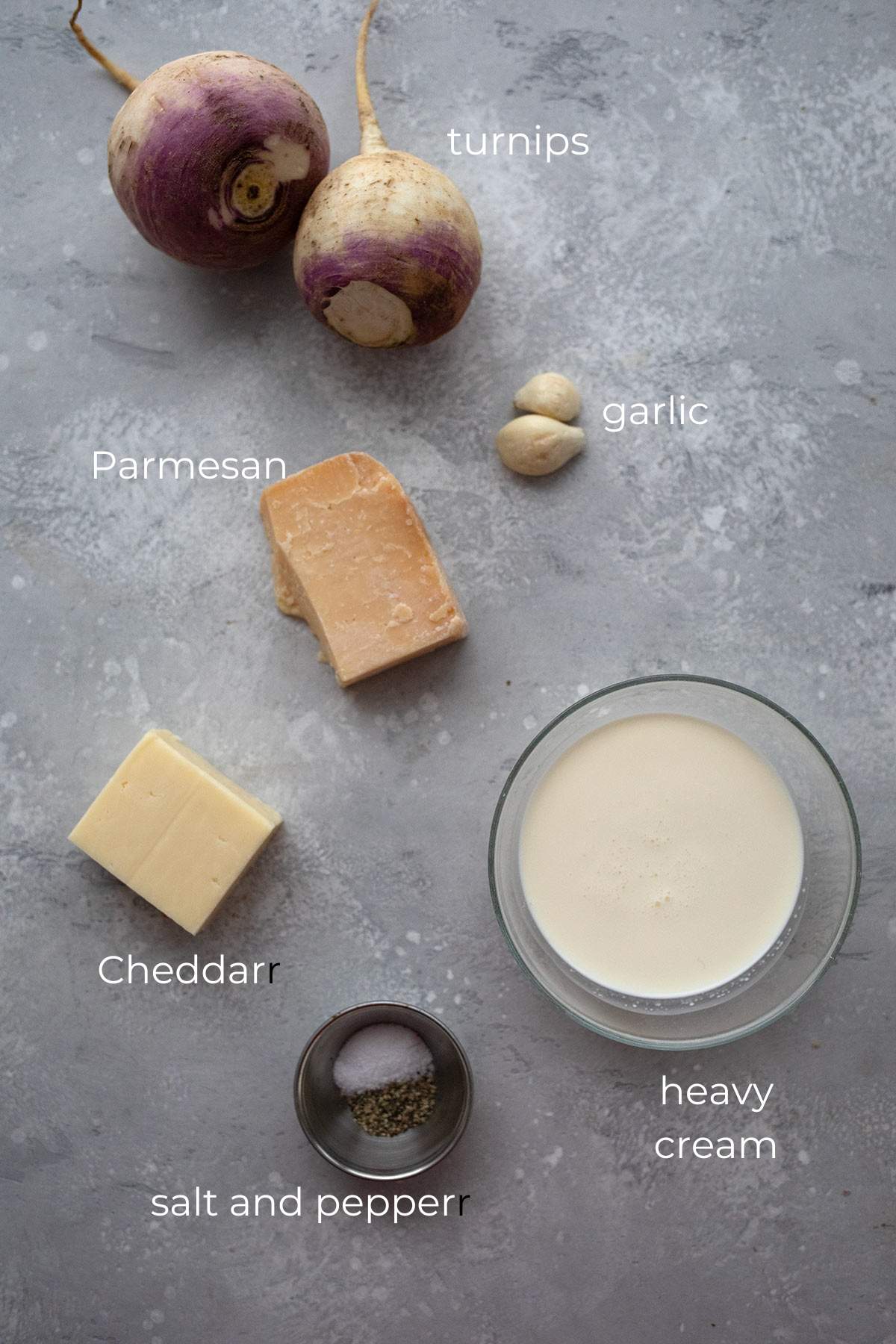 Top down image of the ingredients for Turnip au Gratin.