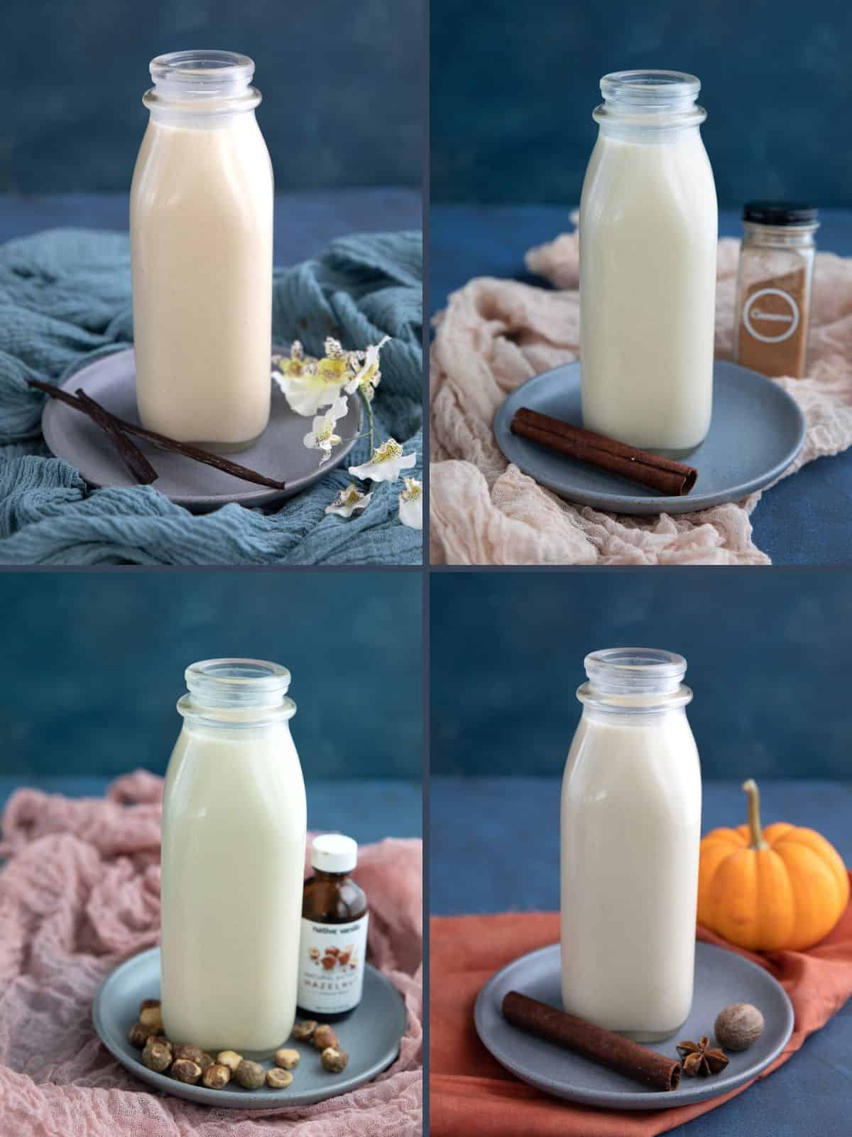 A collage of 4 images showing flavor variations for low carb coffee creamer.