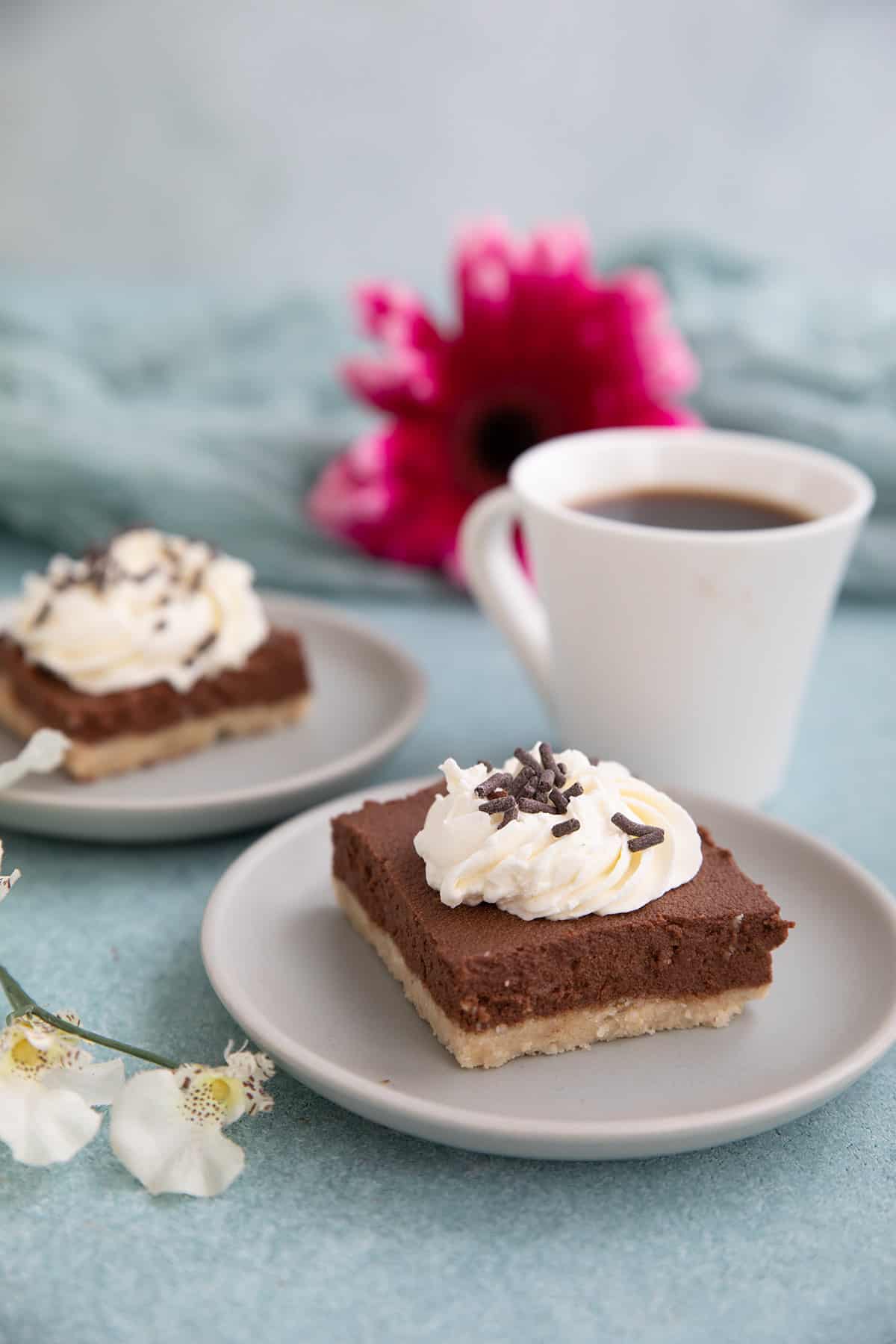 Two Keto French Silk Pie Bars on gray dessert plates with a cup of coffee.