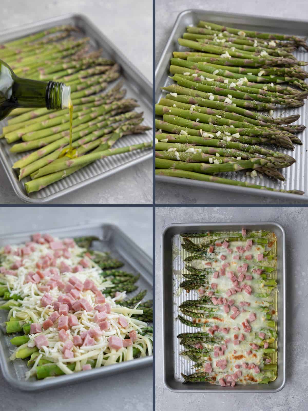 A collage of 4 images showing how to make Baked Asparagus with Ham and Cheese.