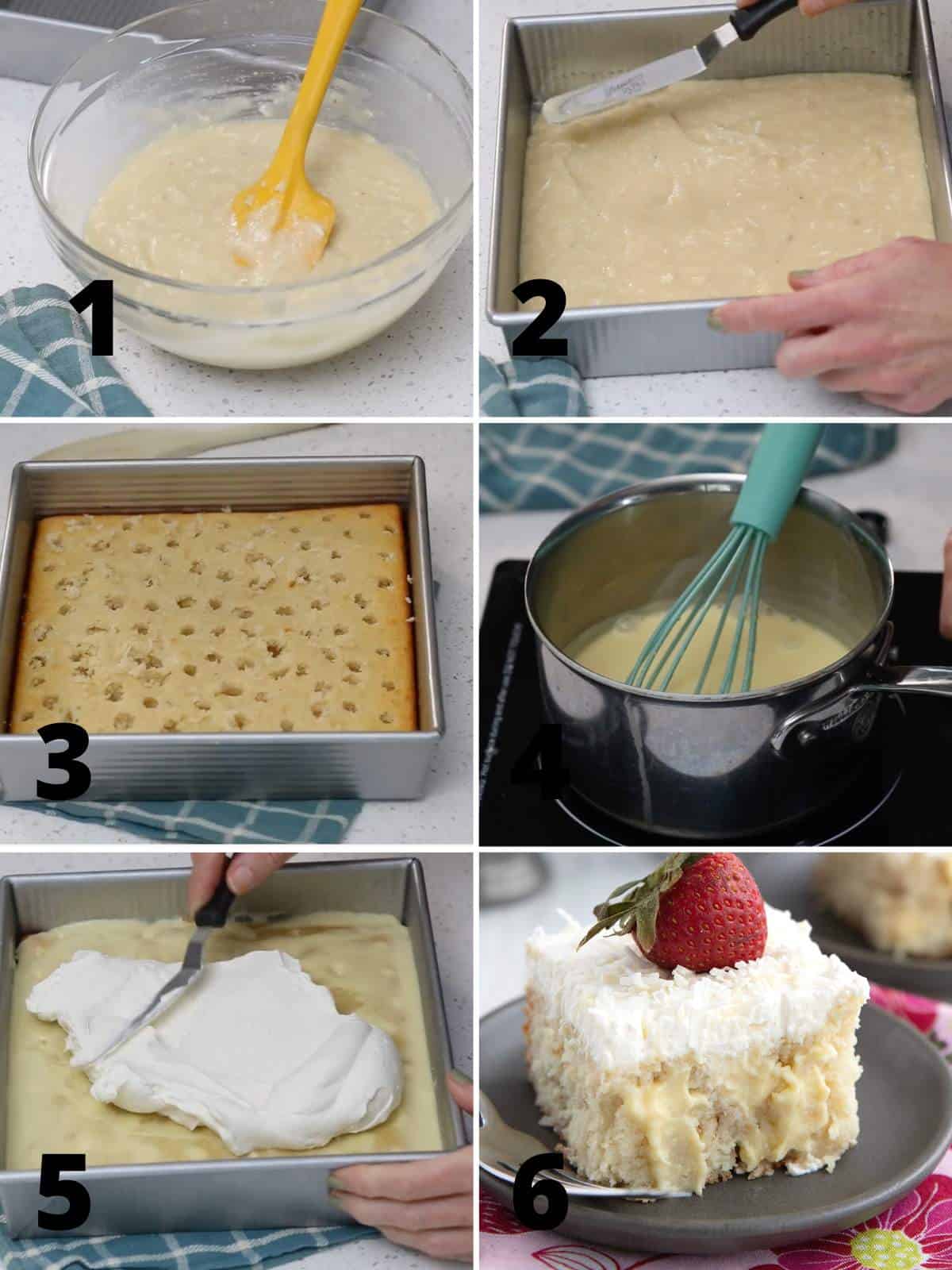 A collage of 6 images showing how to make Keto Coconut Cream Poke Cake.