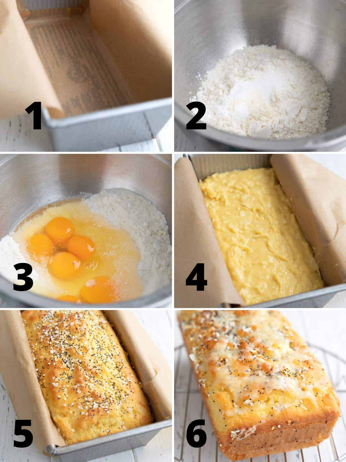 A collage of 6 images showing how to make Coconut Flour Bread.