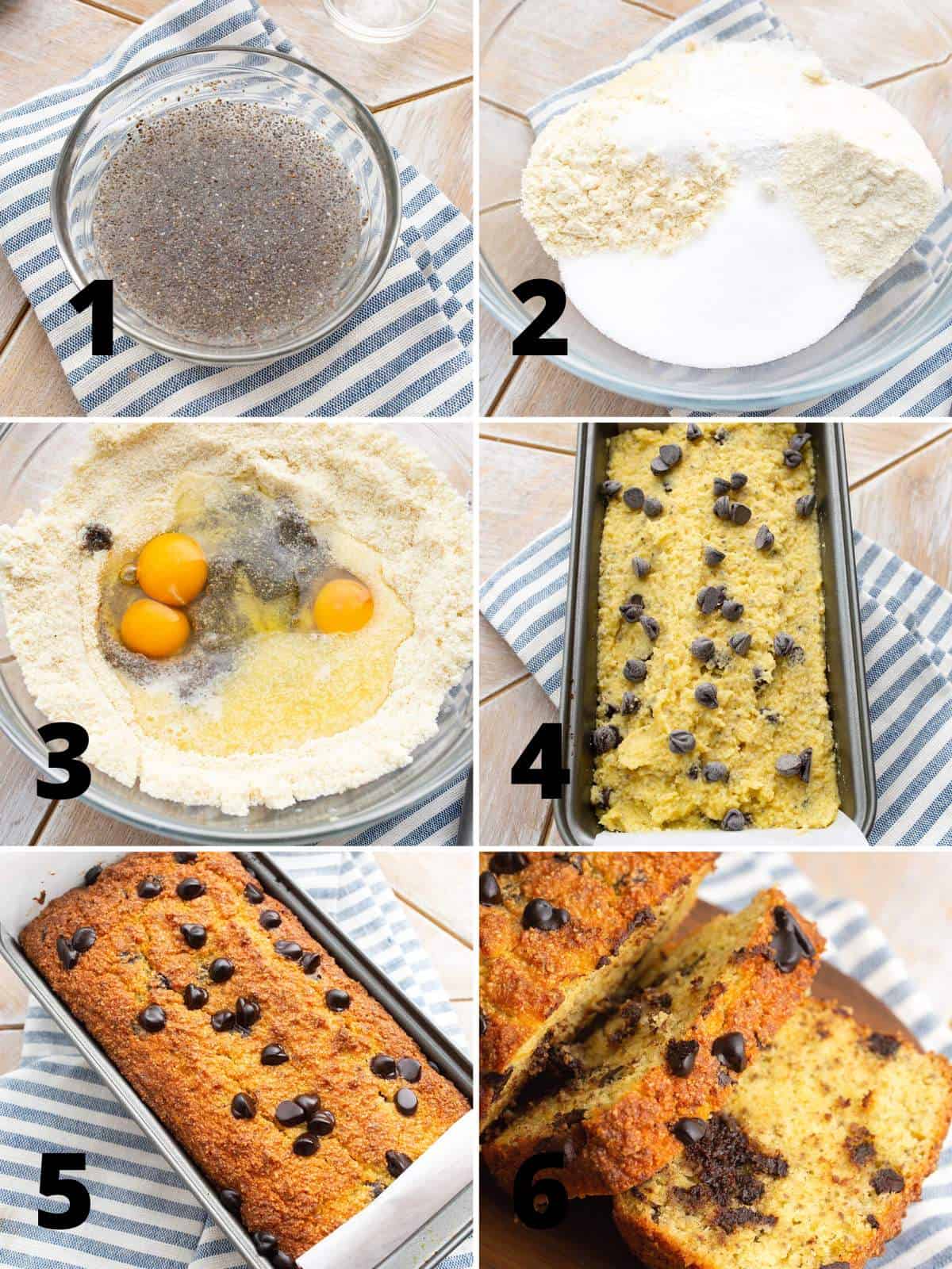 A collage of 6 images showing how to make Keto Banana Bread.