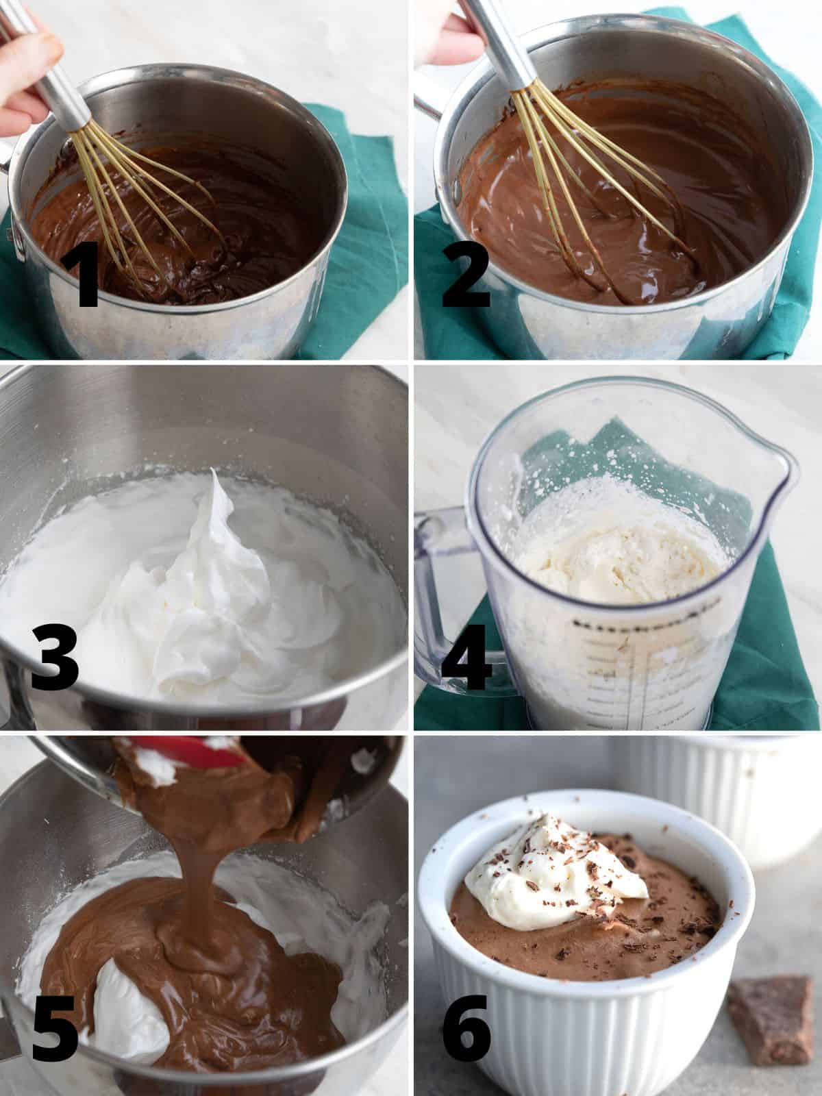 A collage of 6 images showing the steps for making Keto Chocolate Mousse.