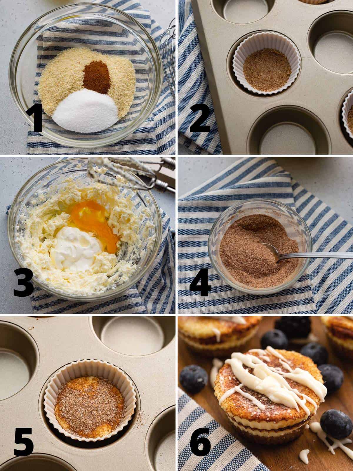 A collage of 6 images showing how to make Keto Cinnamon Roll Cheesecakes.