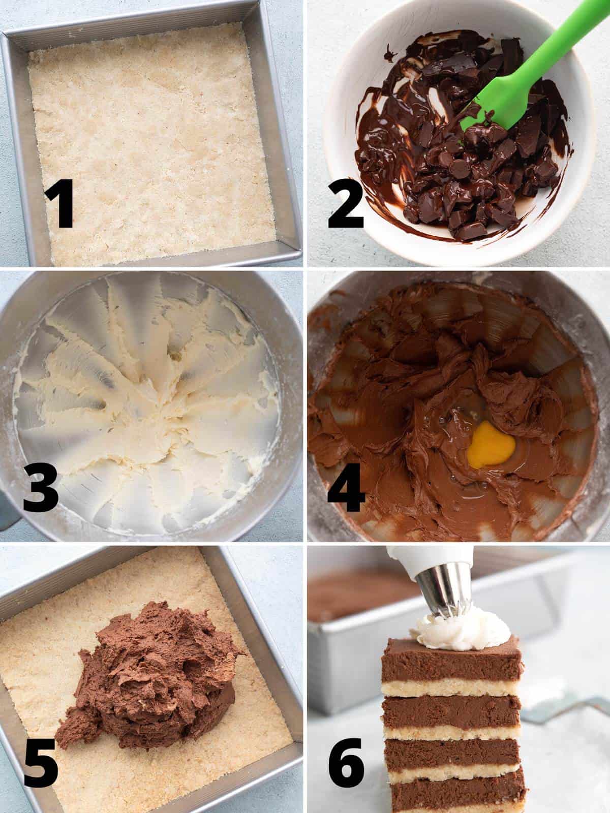 A collage of 6 images showing how to make Keto French Silk Pie Bars.
