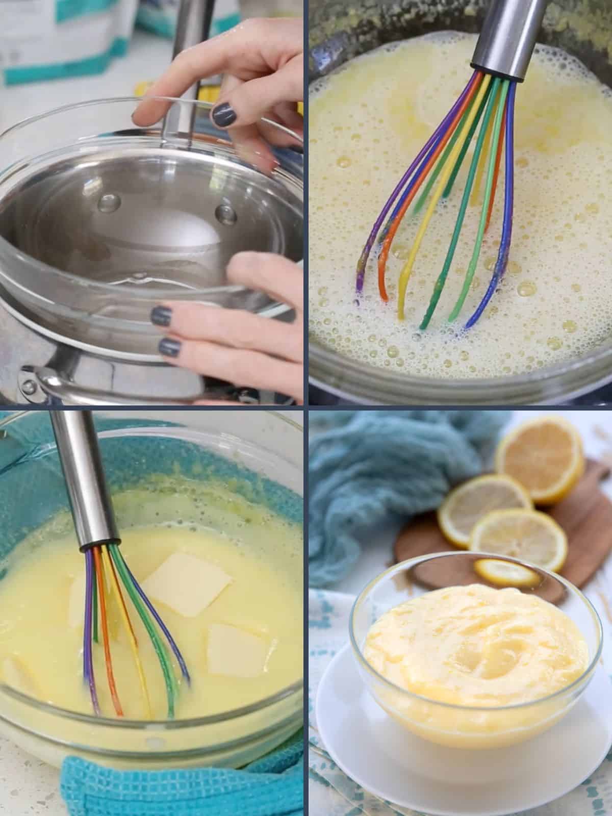 A collage of four images showing how to make Keto Lemon Curd.