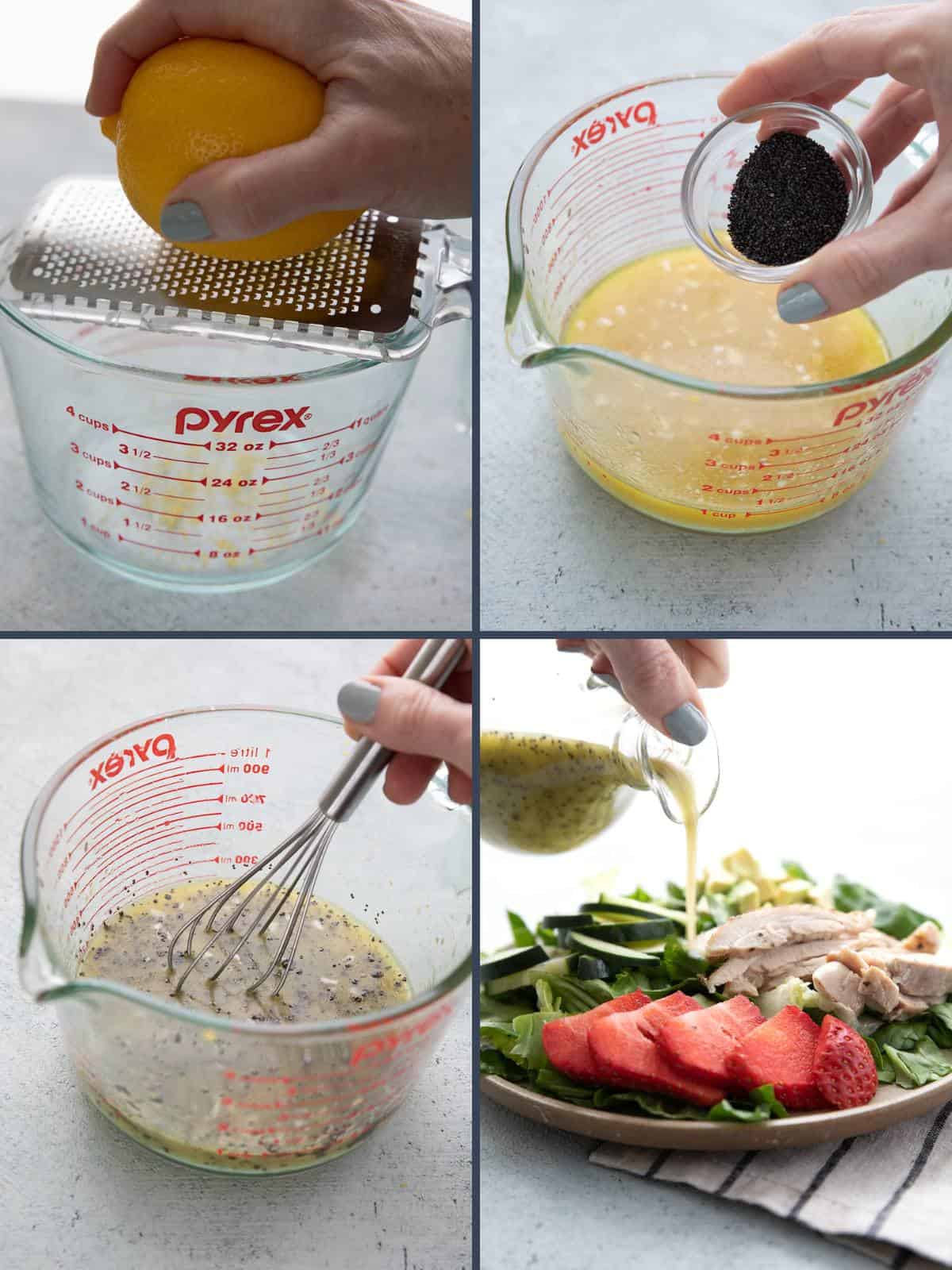 A collage of road images showing how to make keto poppy seed dressing.