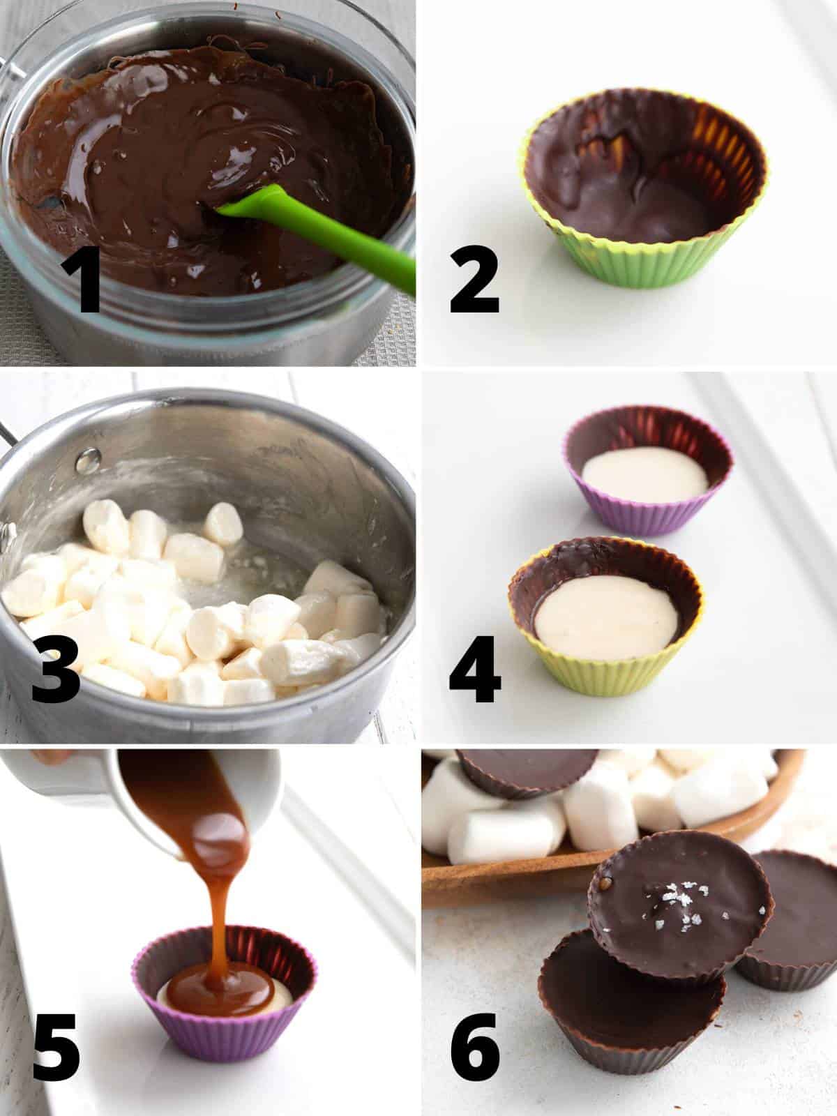 A collage of 6 images showing how to make Keto Mallow Cups.