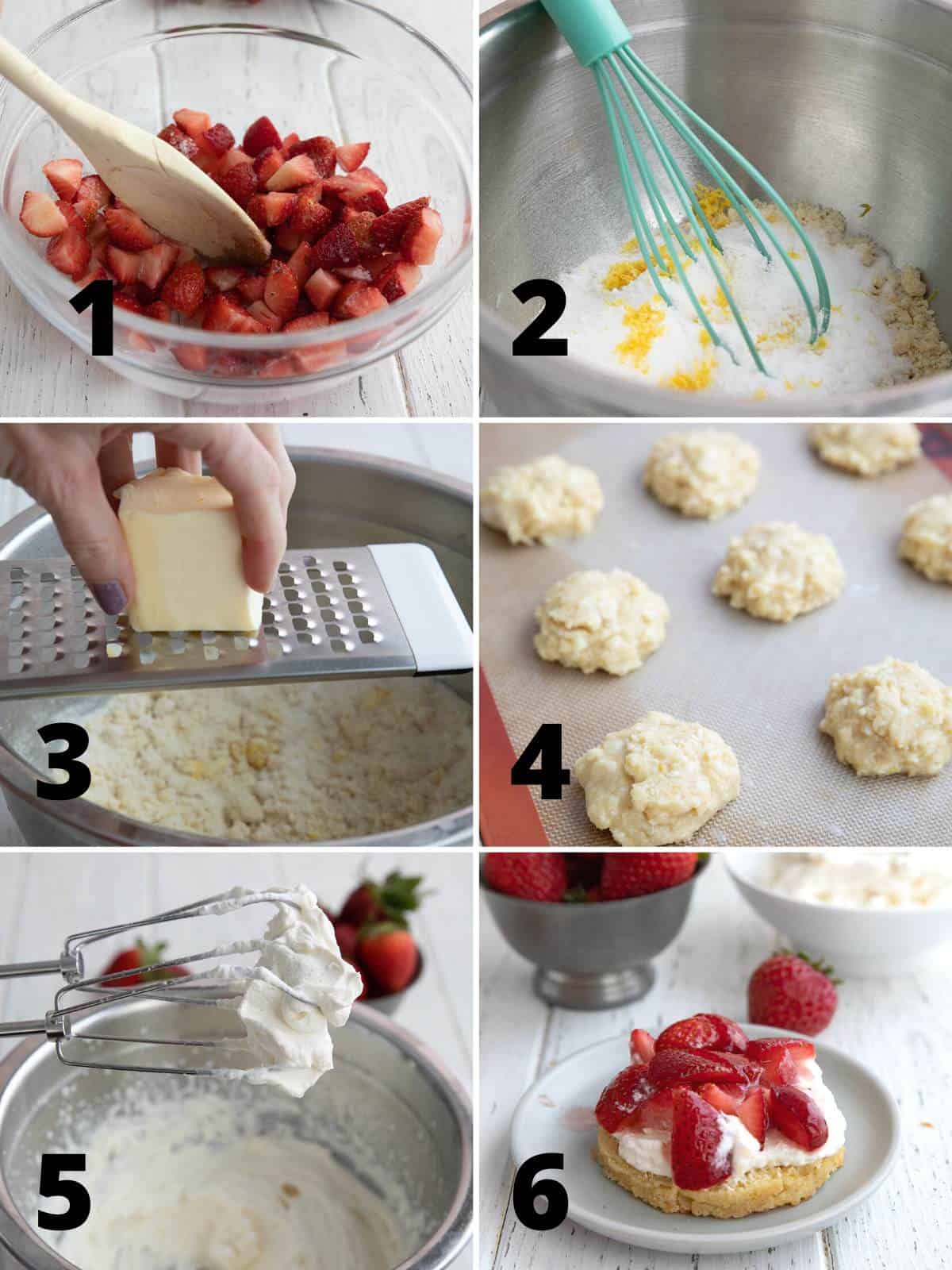 A collage of 6 images showing Keto Strawberry Shortcake.