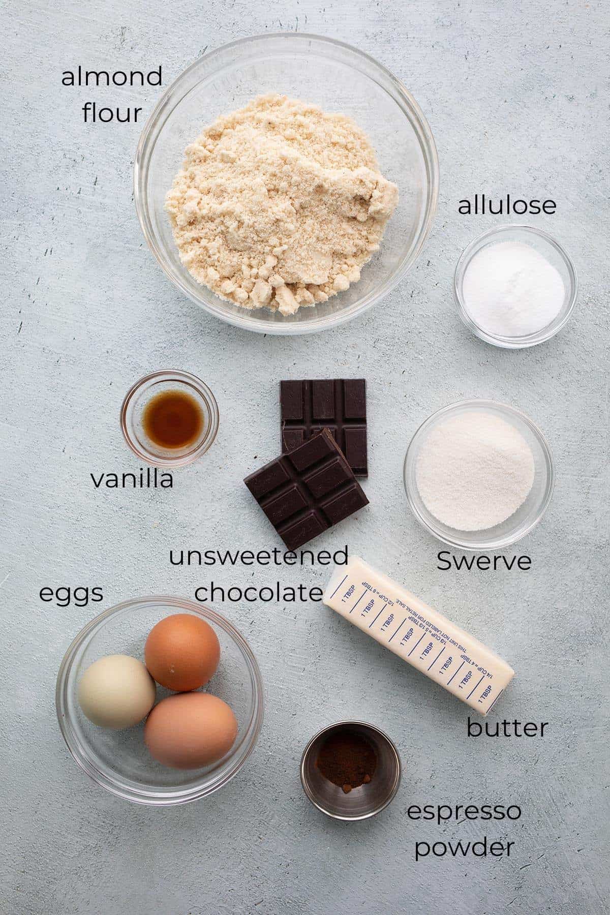 Top down image of the ingredients needed for Keto French Silk Pie Bars.