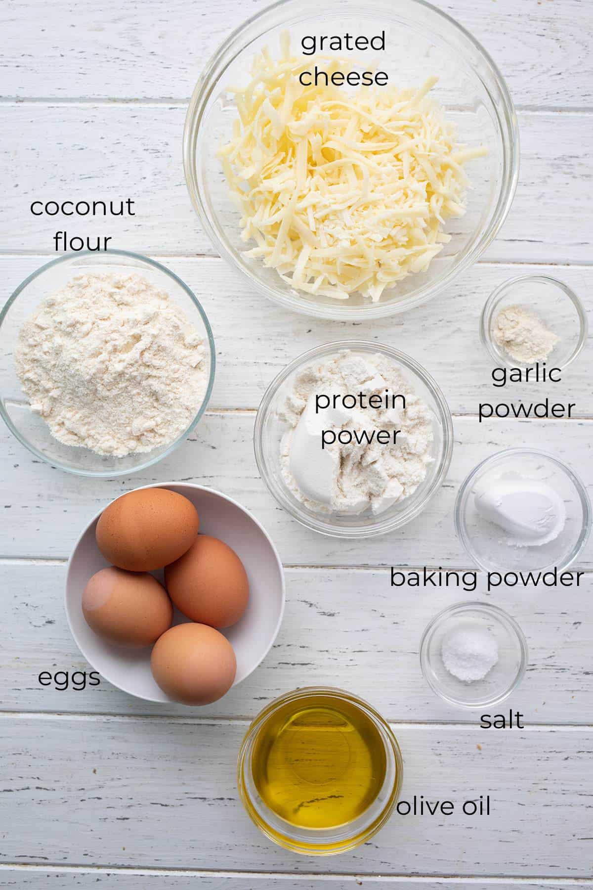 Top down image of the ingredients needed for coconut flour bread.