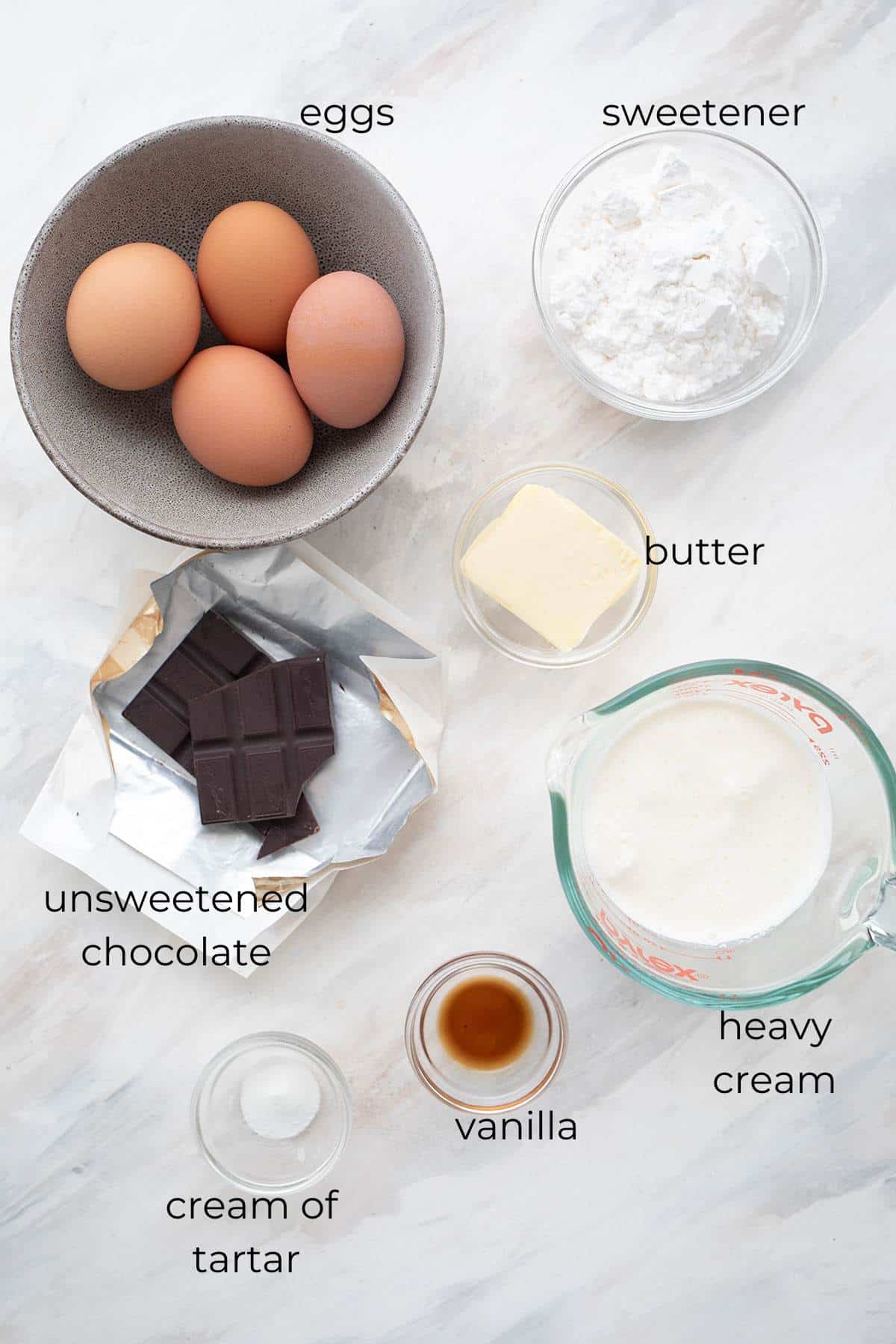 Top down image of ingredients needed for Keto Chocolate Mousse.