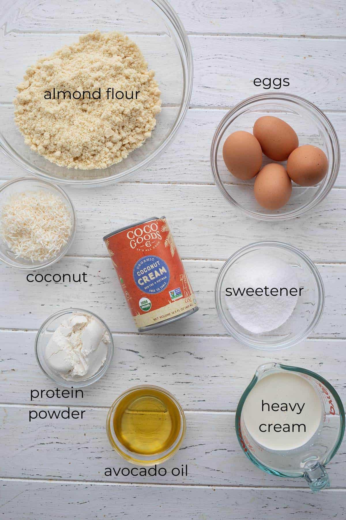 Top down image of ingredients needed for Keto Coconut Cream Poke Cake.