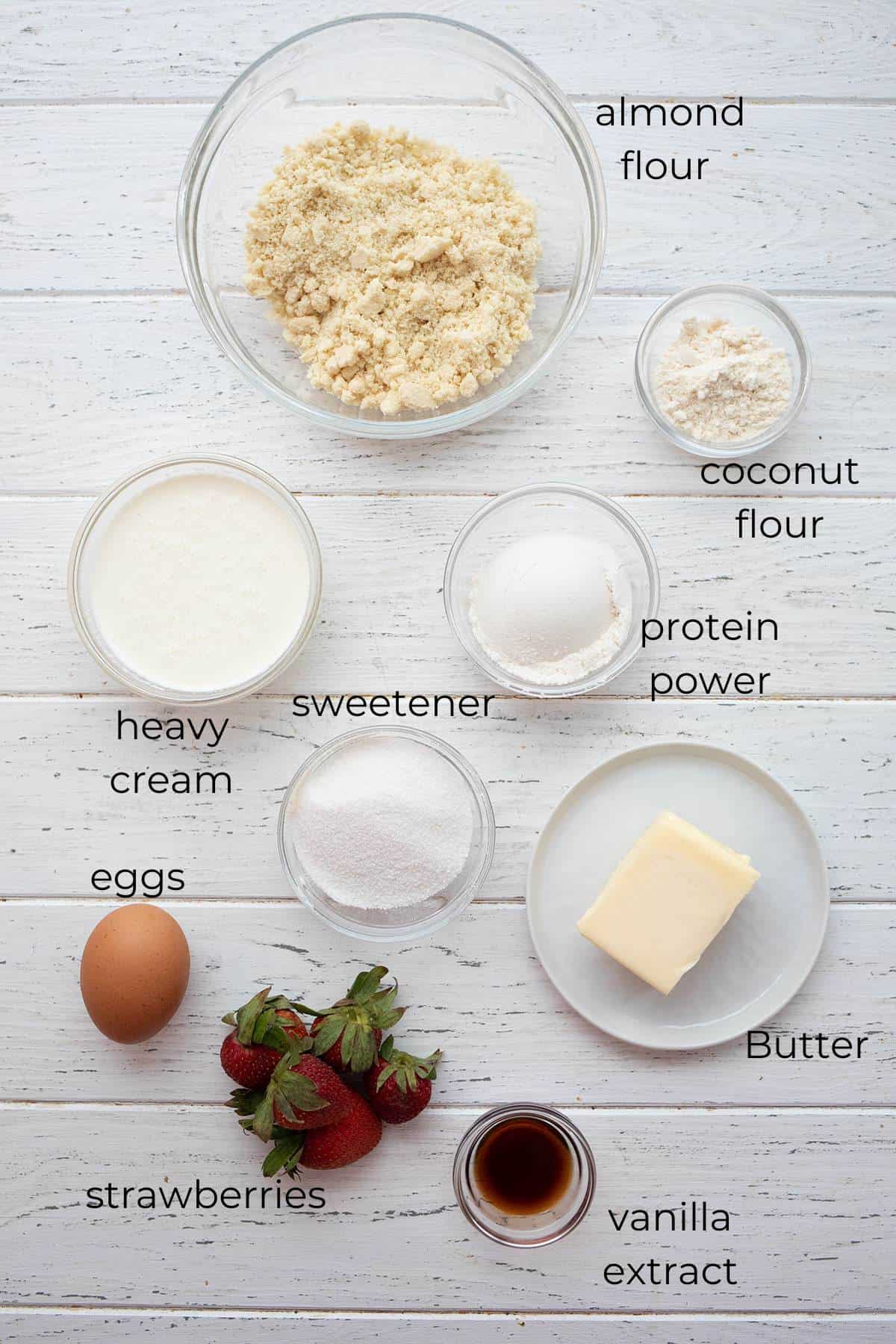 Top down image of ingredients for Keto Strawberry Shortcake.
