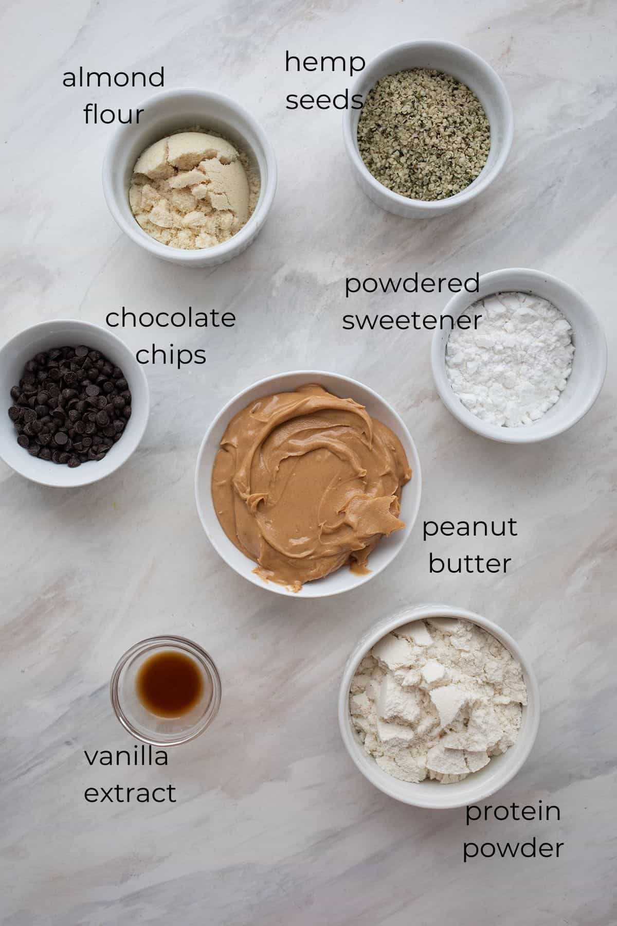 Top down image of the ingredients needed for peanut butter protein balls.