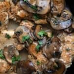 Titled Pinterest image of Keto Chicken Marsala in a cast iron pan.