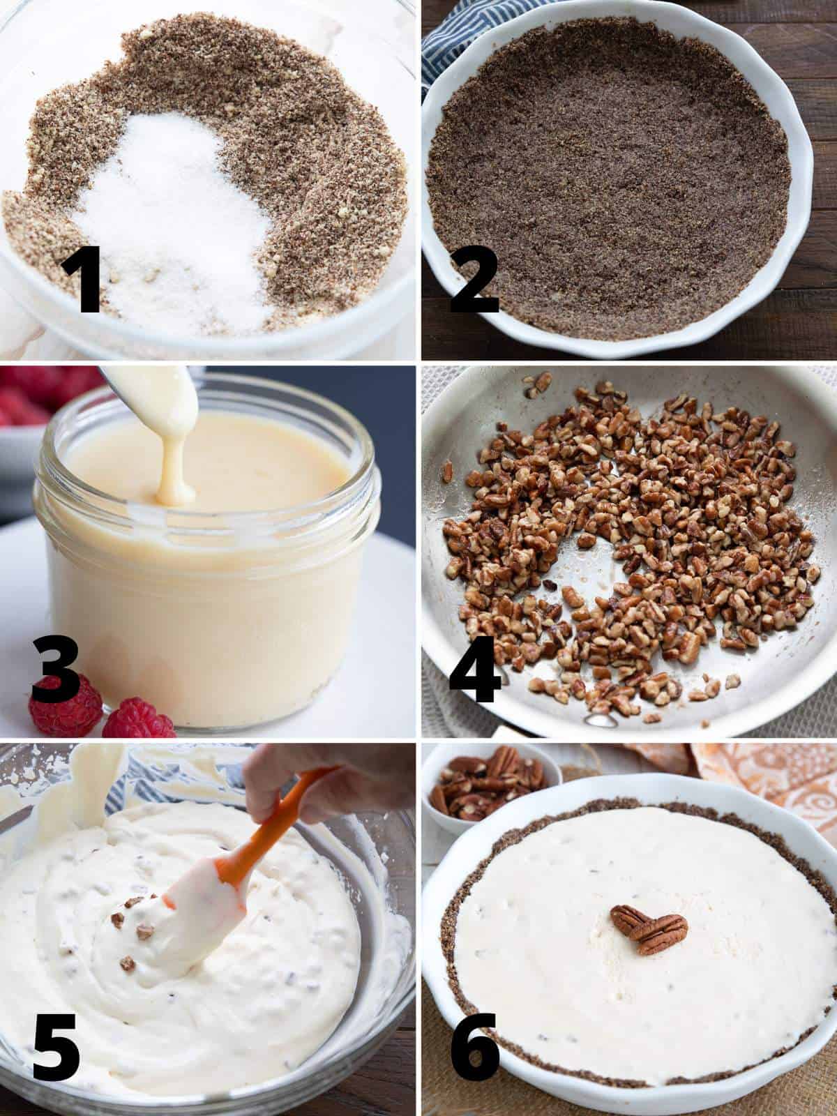 Top down image showing how to make Keto Butter Pecan Ice Cream Pie.