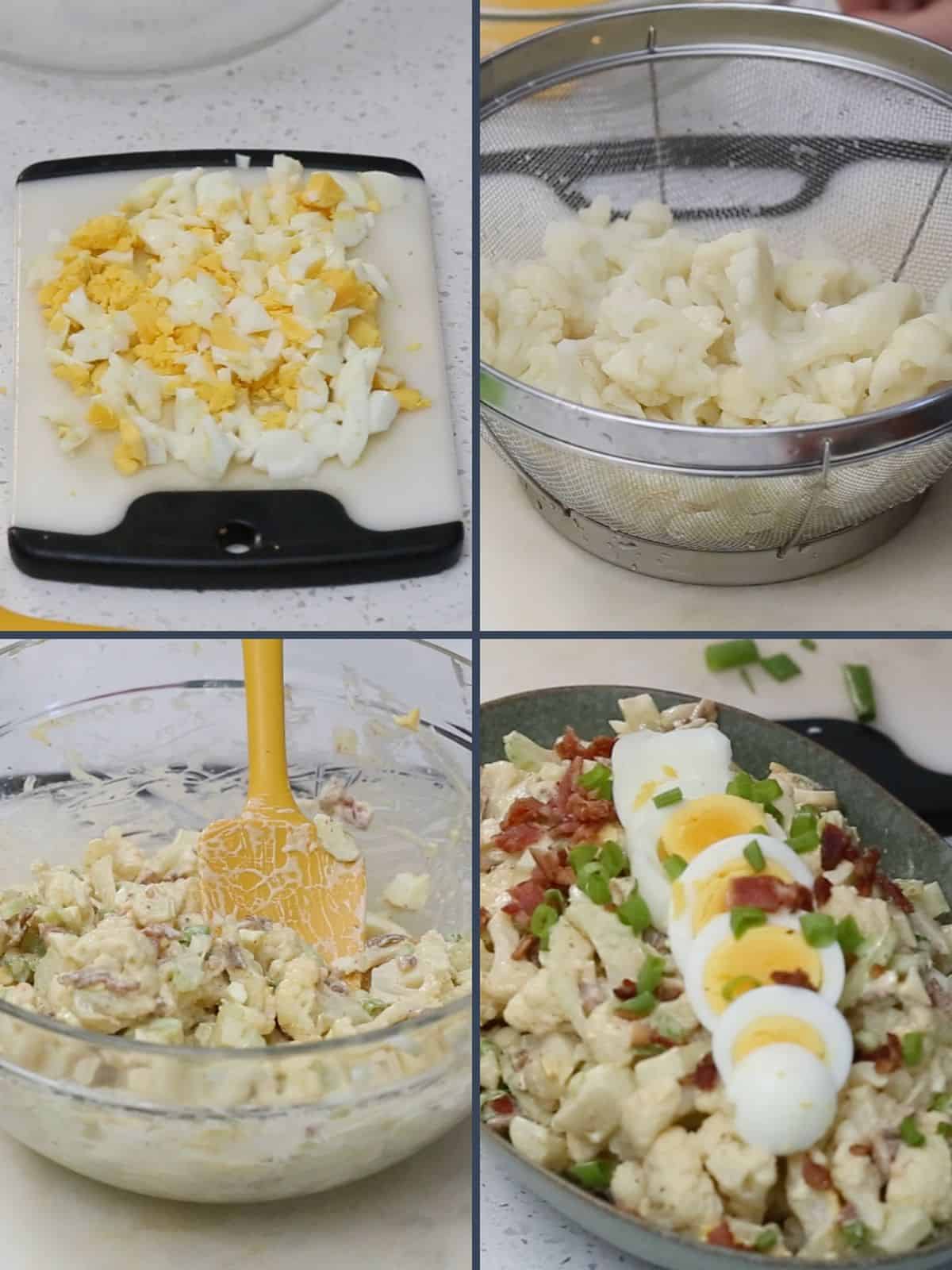 A collage of 4 images showing how to make Cauliflower Potato Salad.