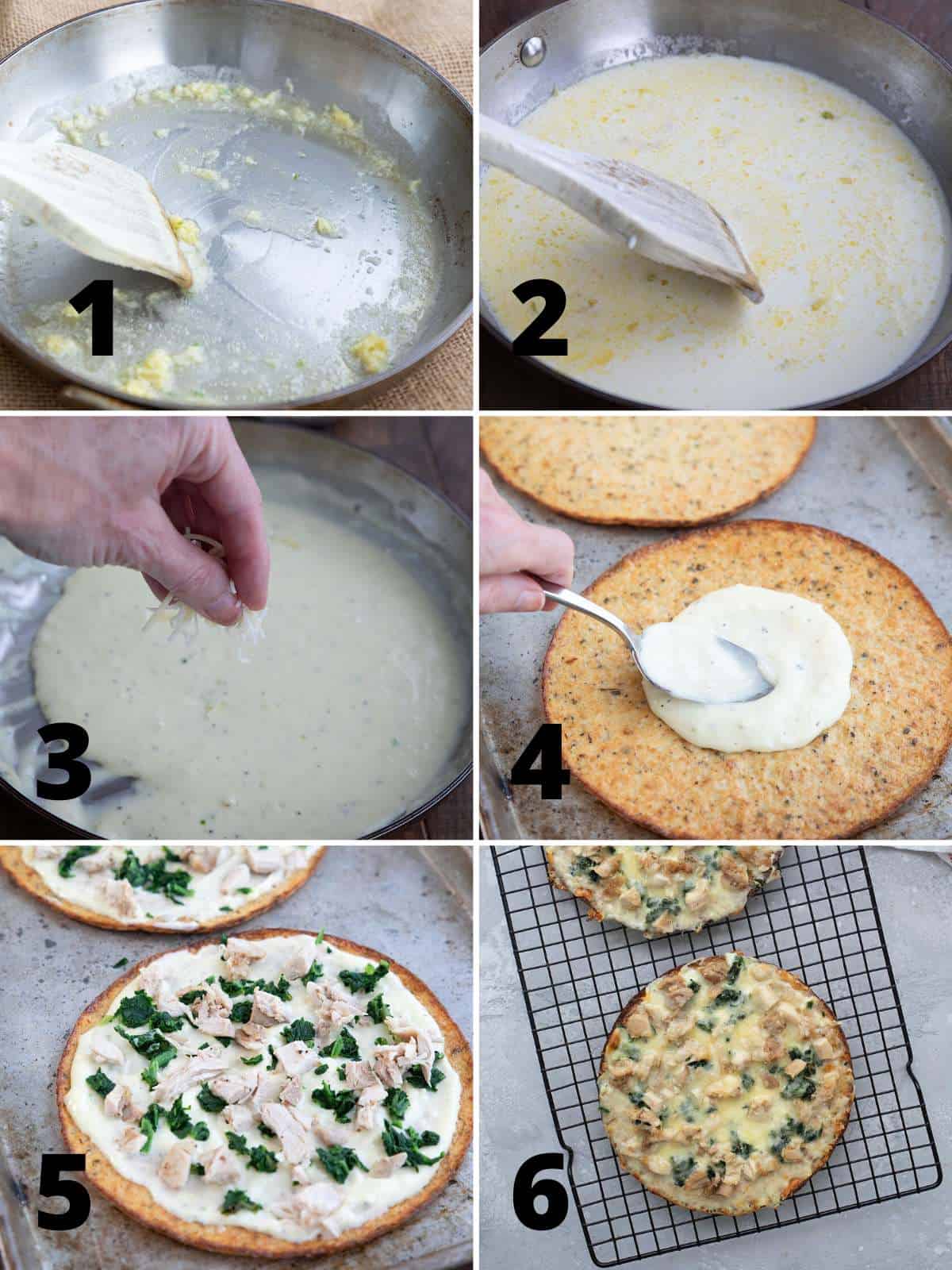A collage of 6 images showing how to make Keto Chicken Alfredo Pizza.