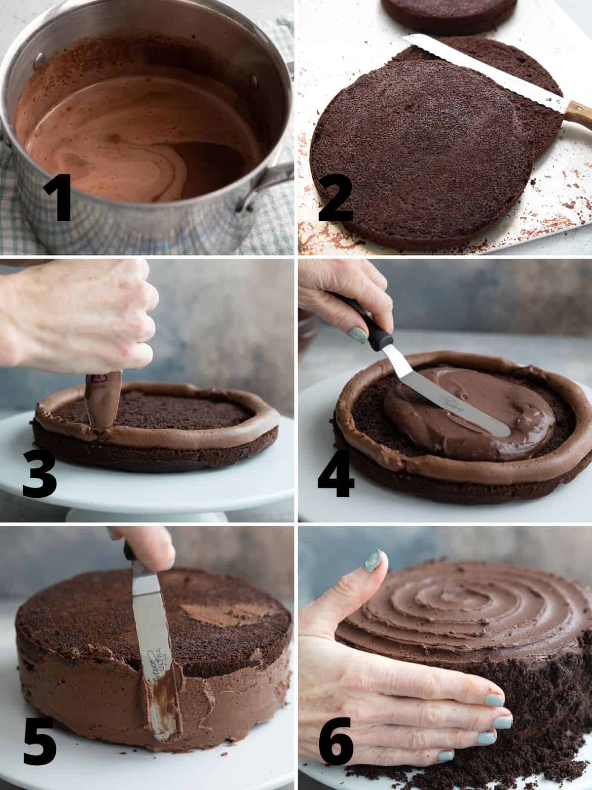 A collage of 6 images showing how to make Keto Chocolate Blackout Cake.