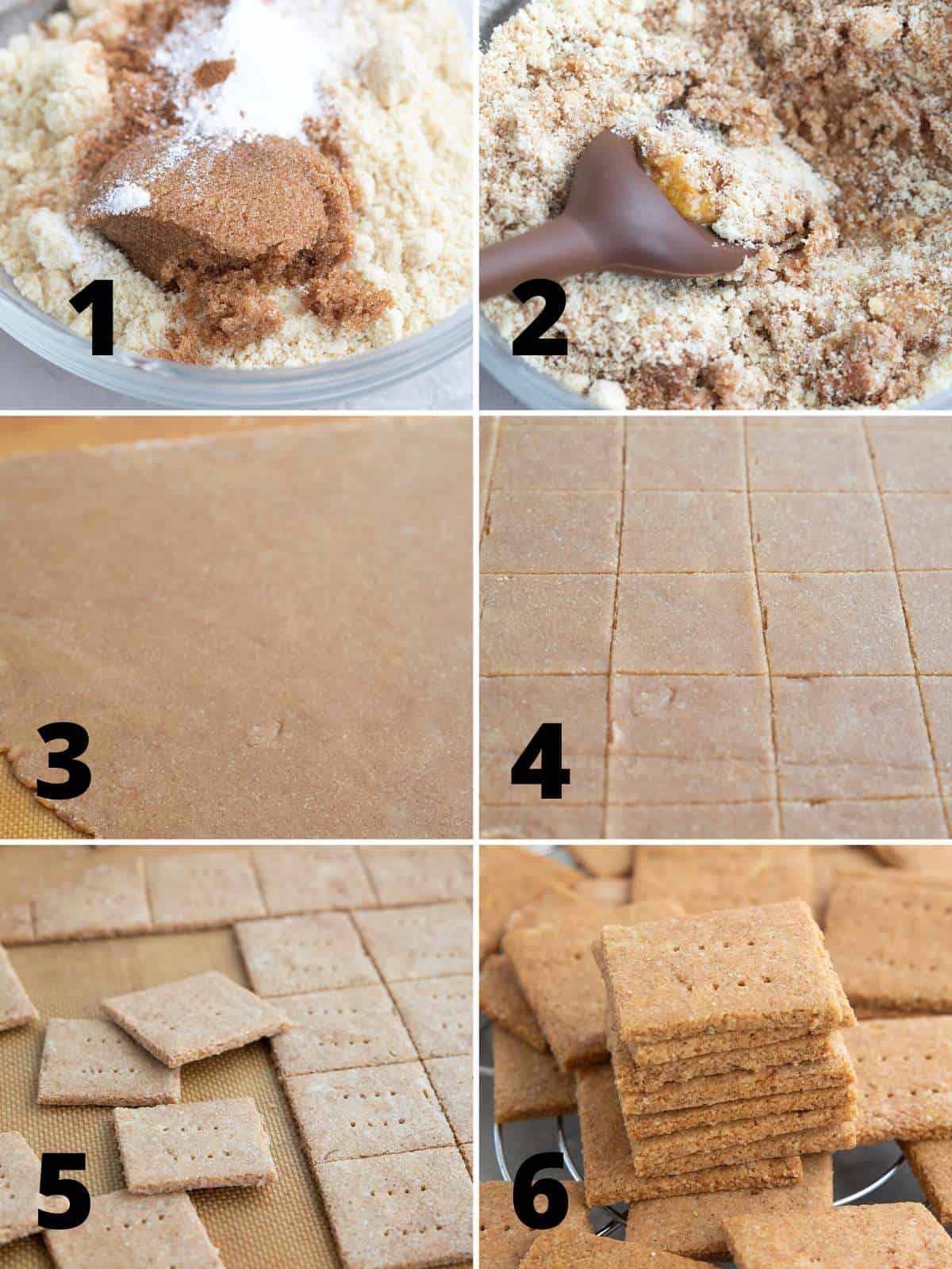 A collage of 6 images showing the steps for making keto graham crackers.
