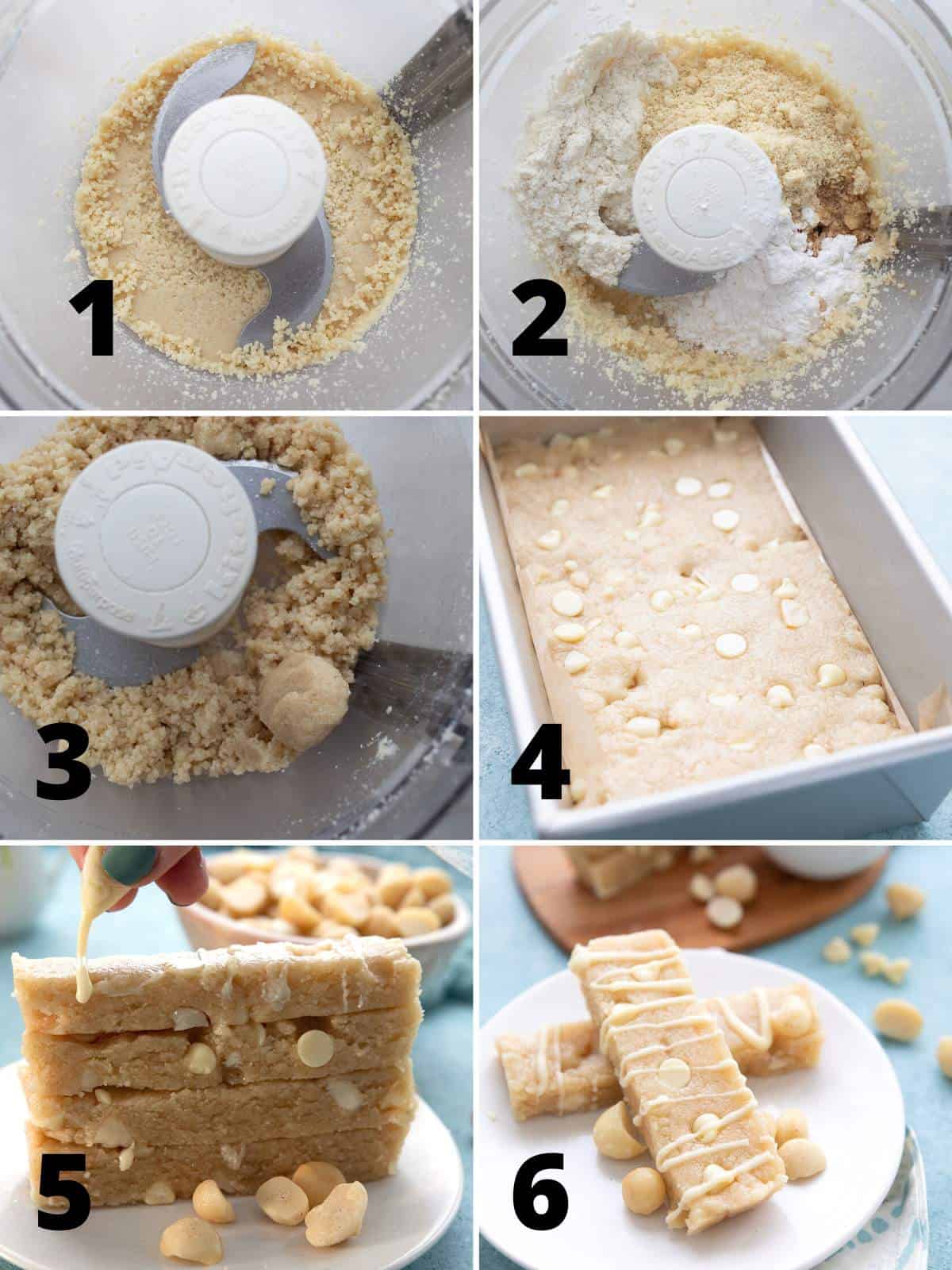 A collage of 6 images showing the steps for making keto protein bars.