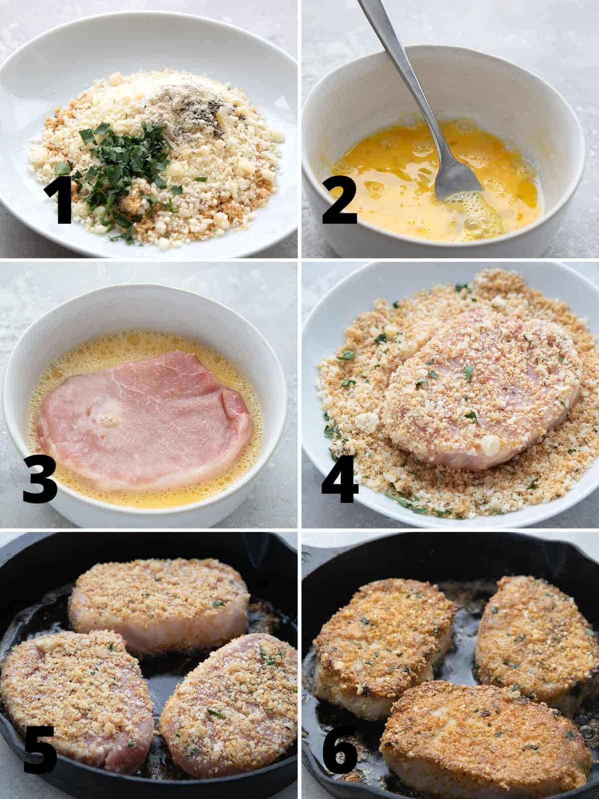 A collage of 6 images showing the steps for making Parmesan Crusted Pork Chops.