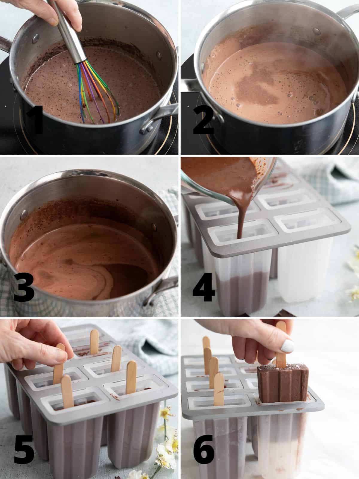A collage of 6 images showing how to make Keto Fudgesicles.