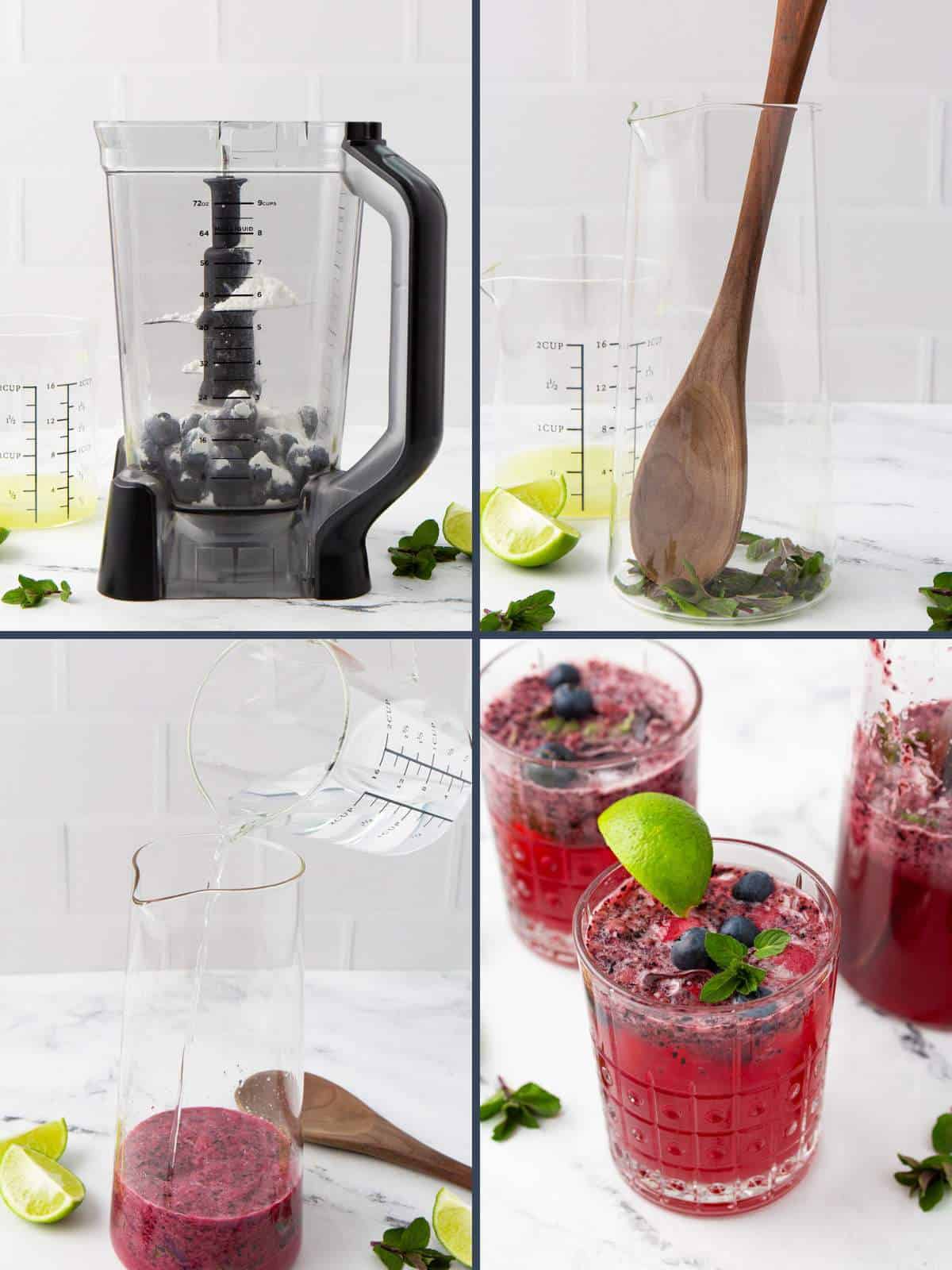 A collage of four images showing how to make blueberry keto mojitos.