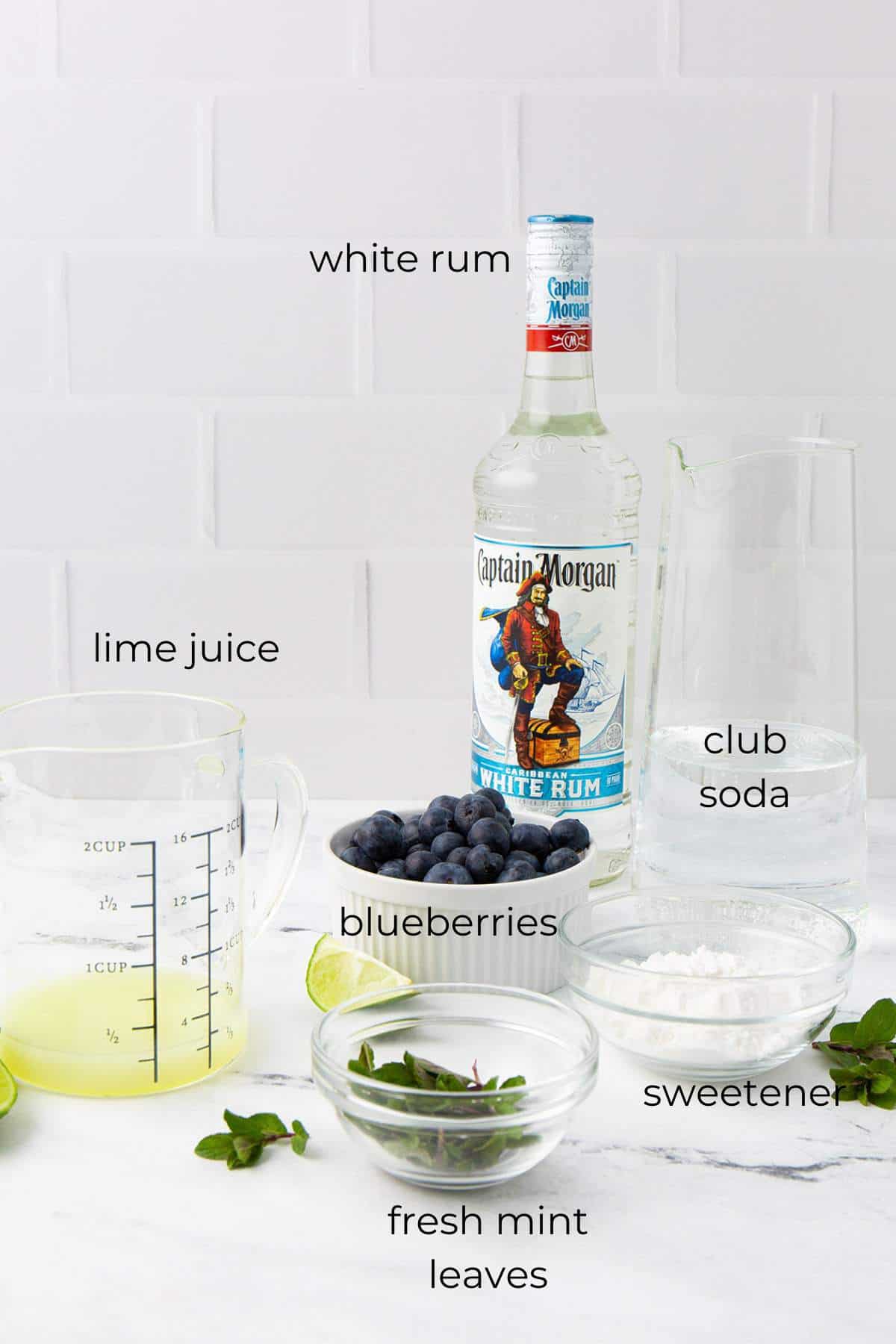 Labeled ingredients for skinny mojitos.