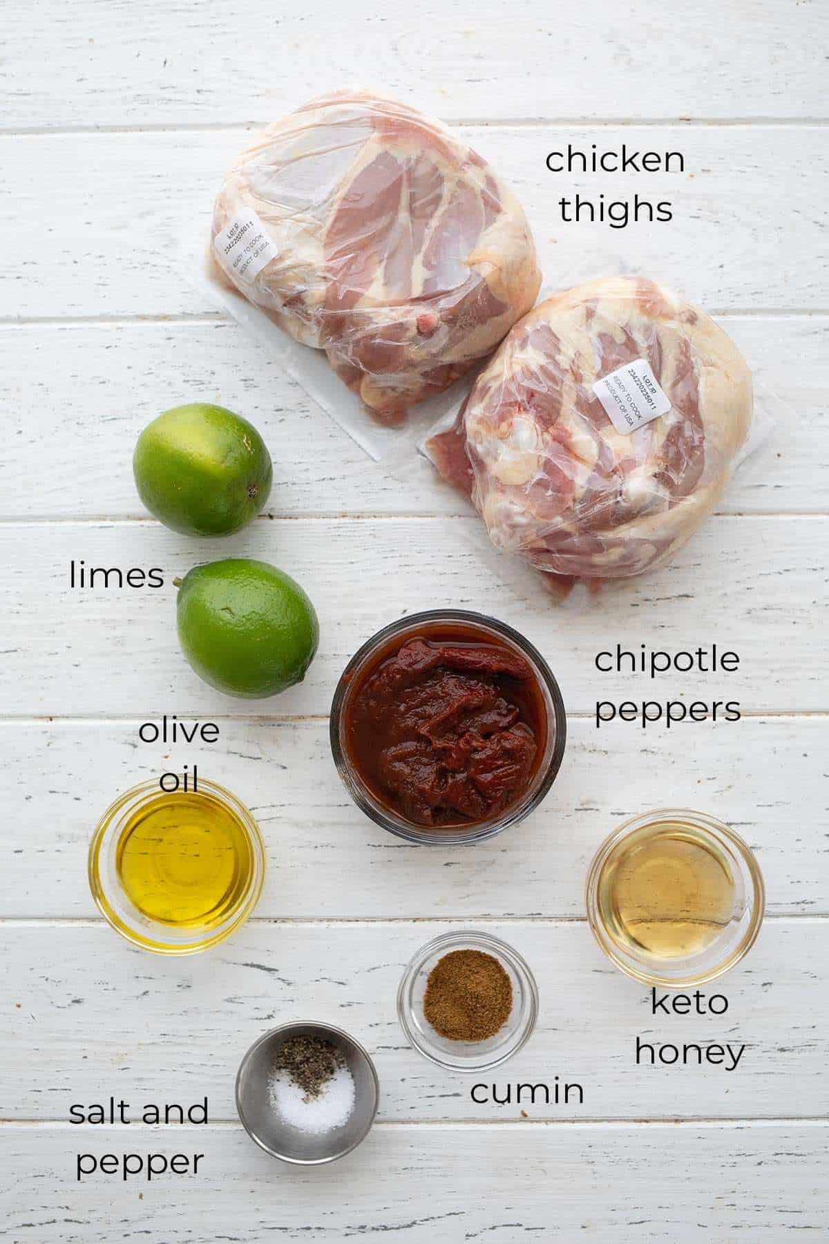 Top down image of ingredients needed for Chipotle Lime Chicken.