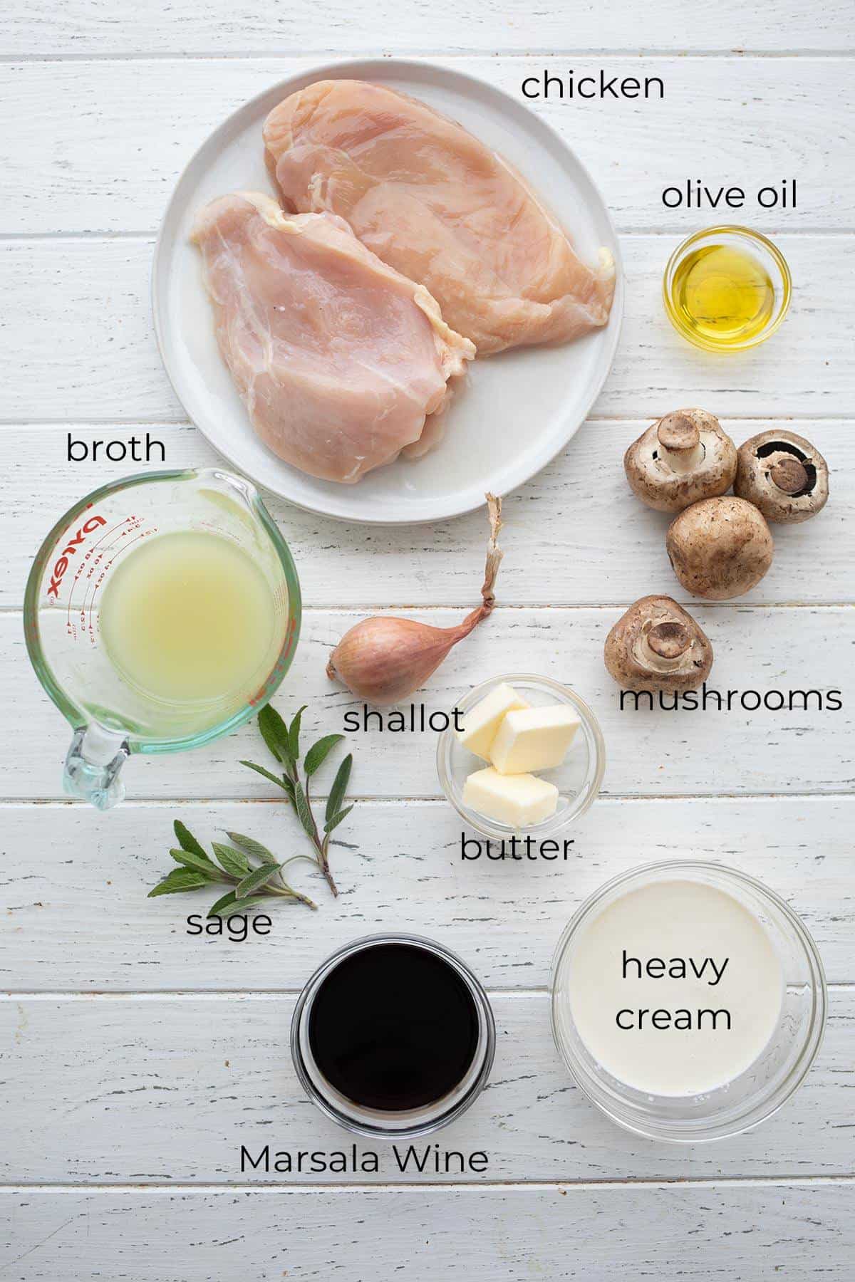 Top down image of the ingredients for Keto Chicken Marsala.