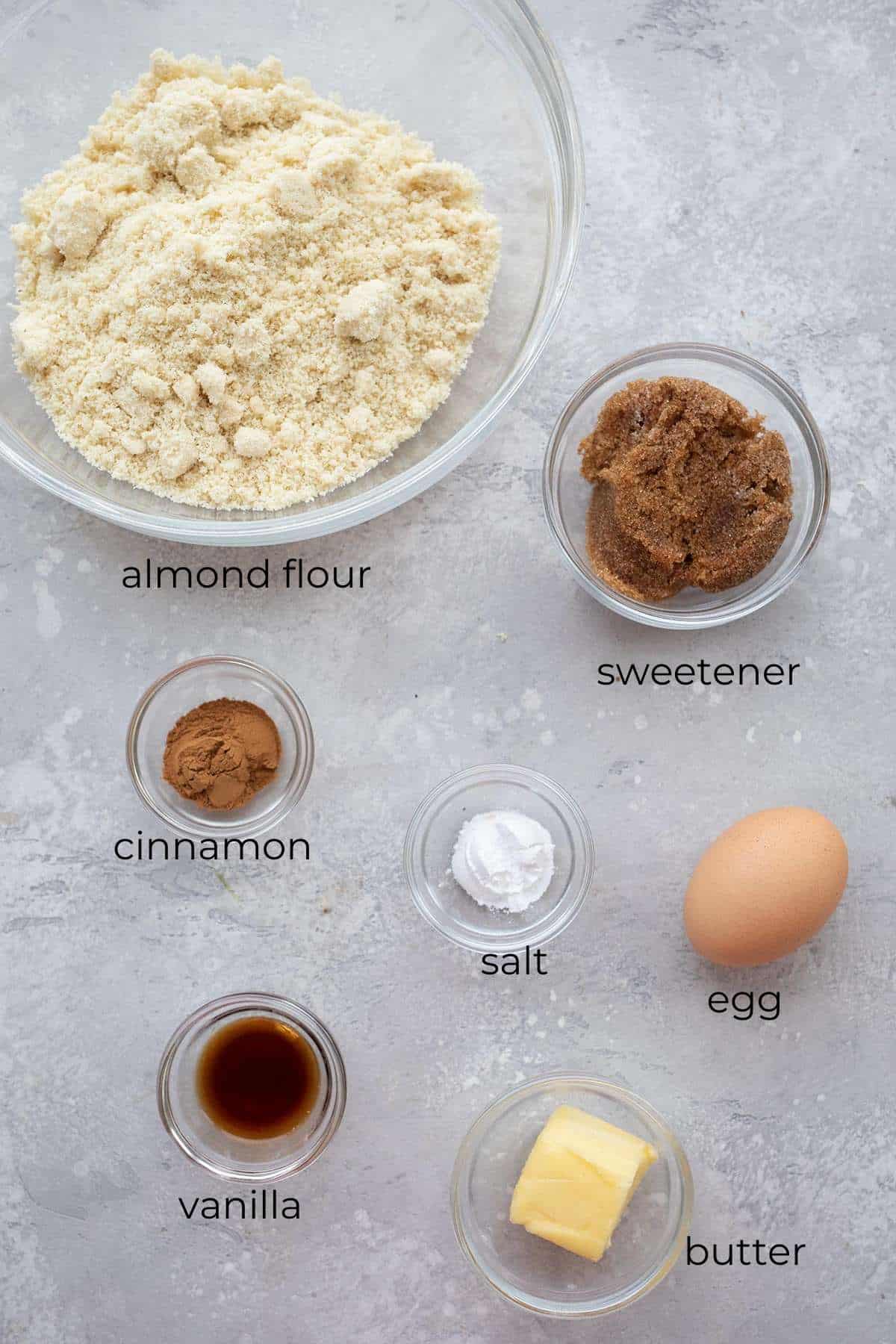 Top down image of ingredients needed for keto graham crackers.