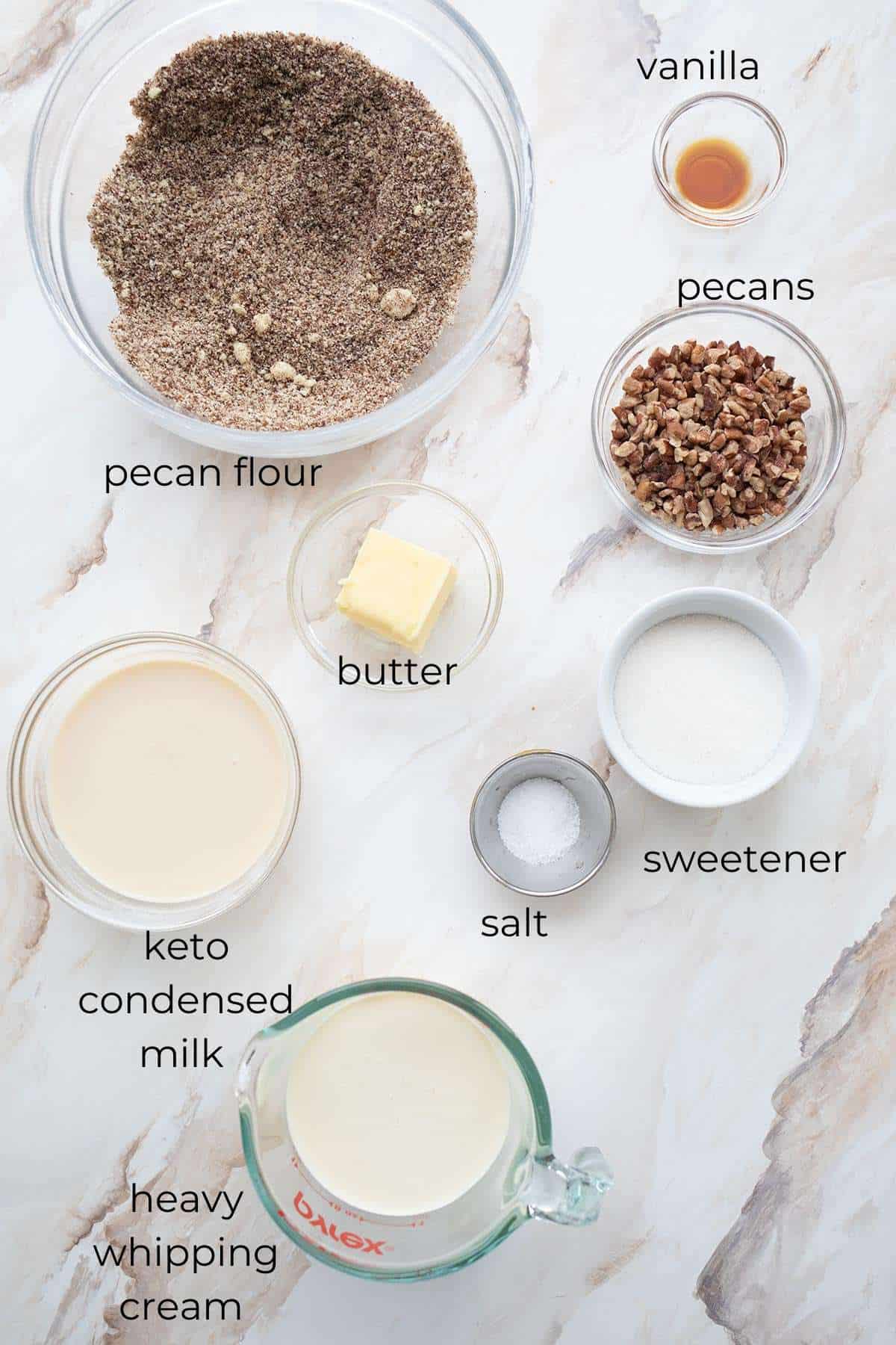Top down image of ingredients for Keto Butter Pecan Ice Cream Pie.