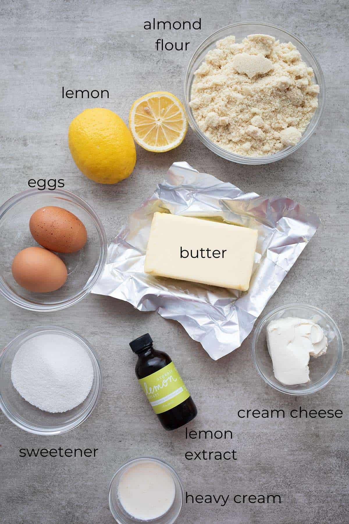 Top down image of ingredients for keto lemon cookies.