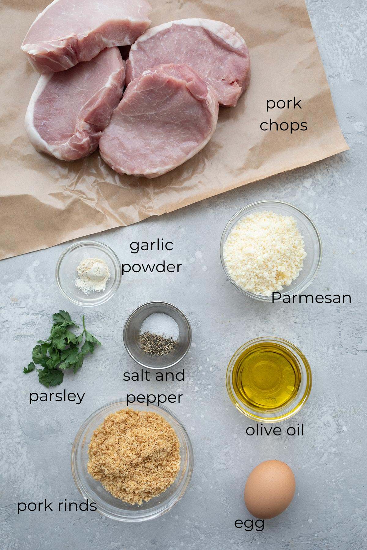 Top down image of ingredients for Parmesan Crusted Pork Chops.