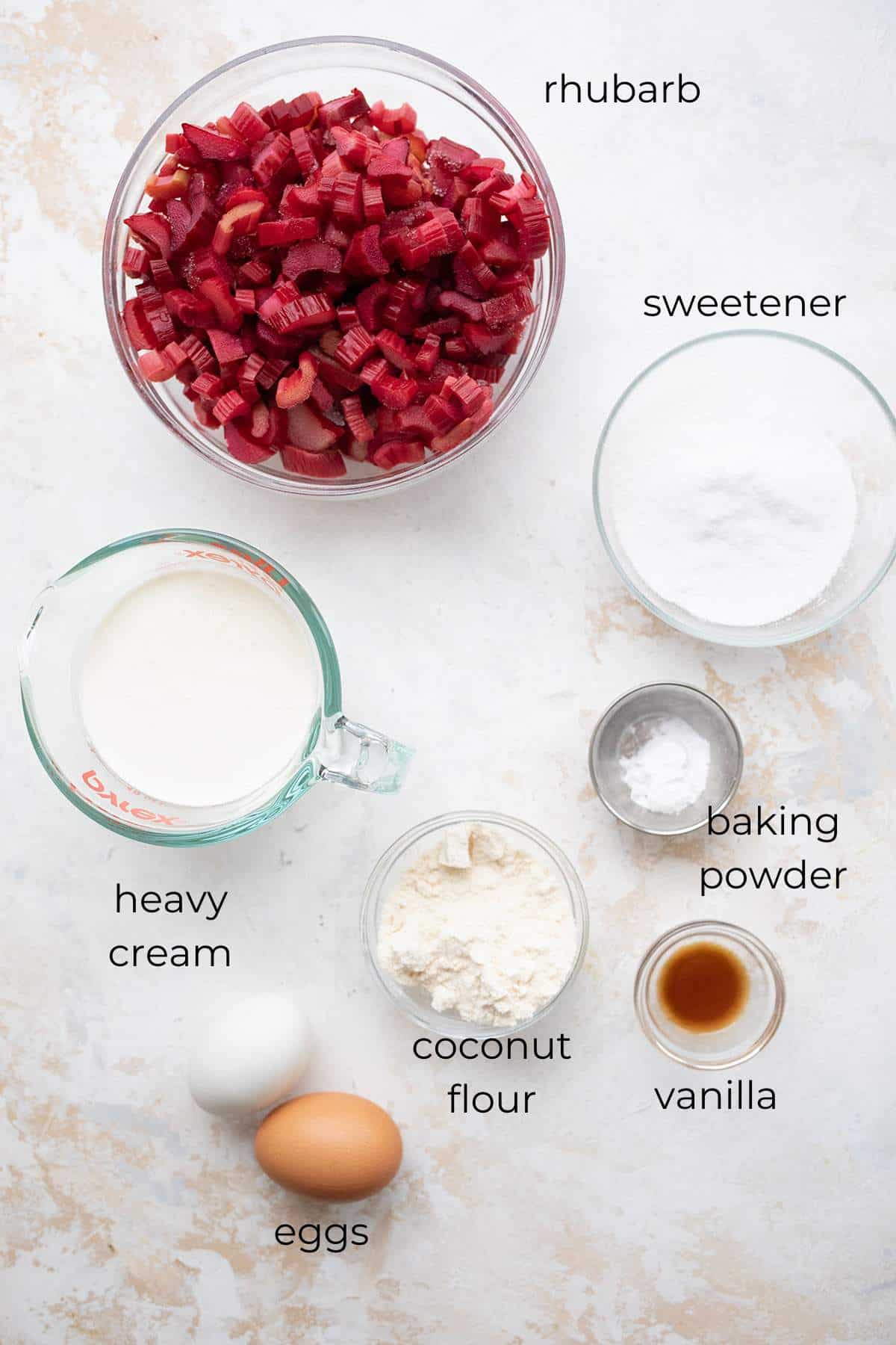 Top down image of ingredients for Rhubarb Custard Pie.