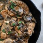 Close up shot of keto Chicken Marsala in the pan.