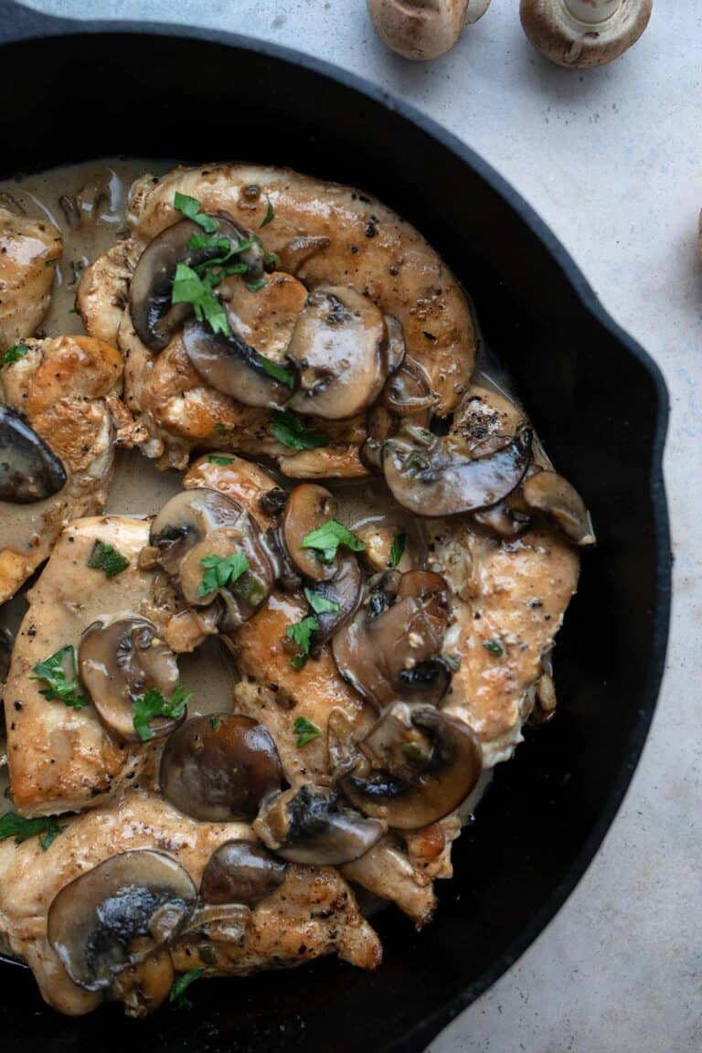 Close up shot of keto Chicken Marsala in the pan.