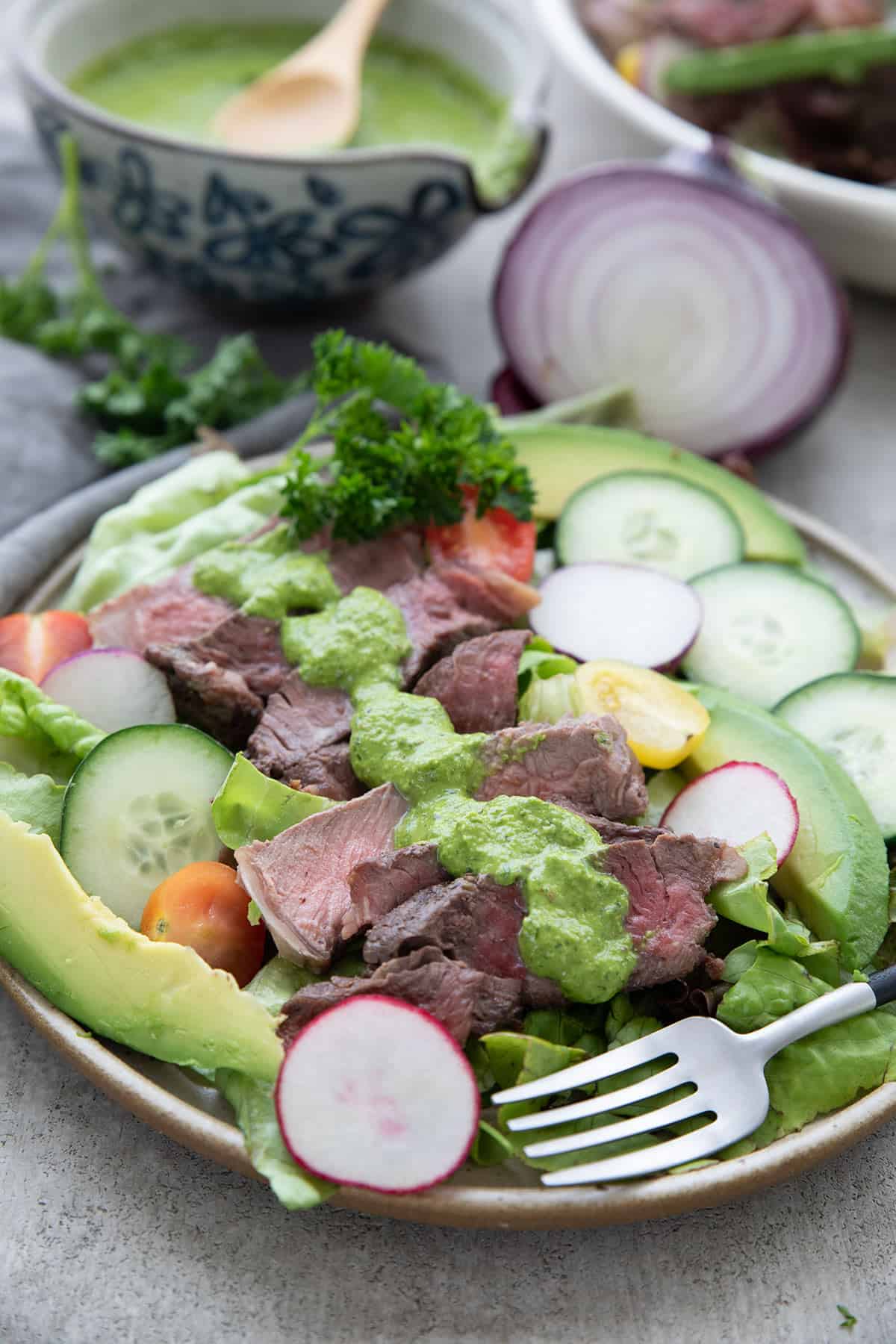Close up shot of Keto Chimichurri Steak Salad