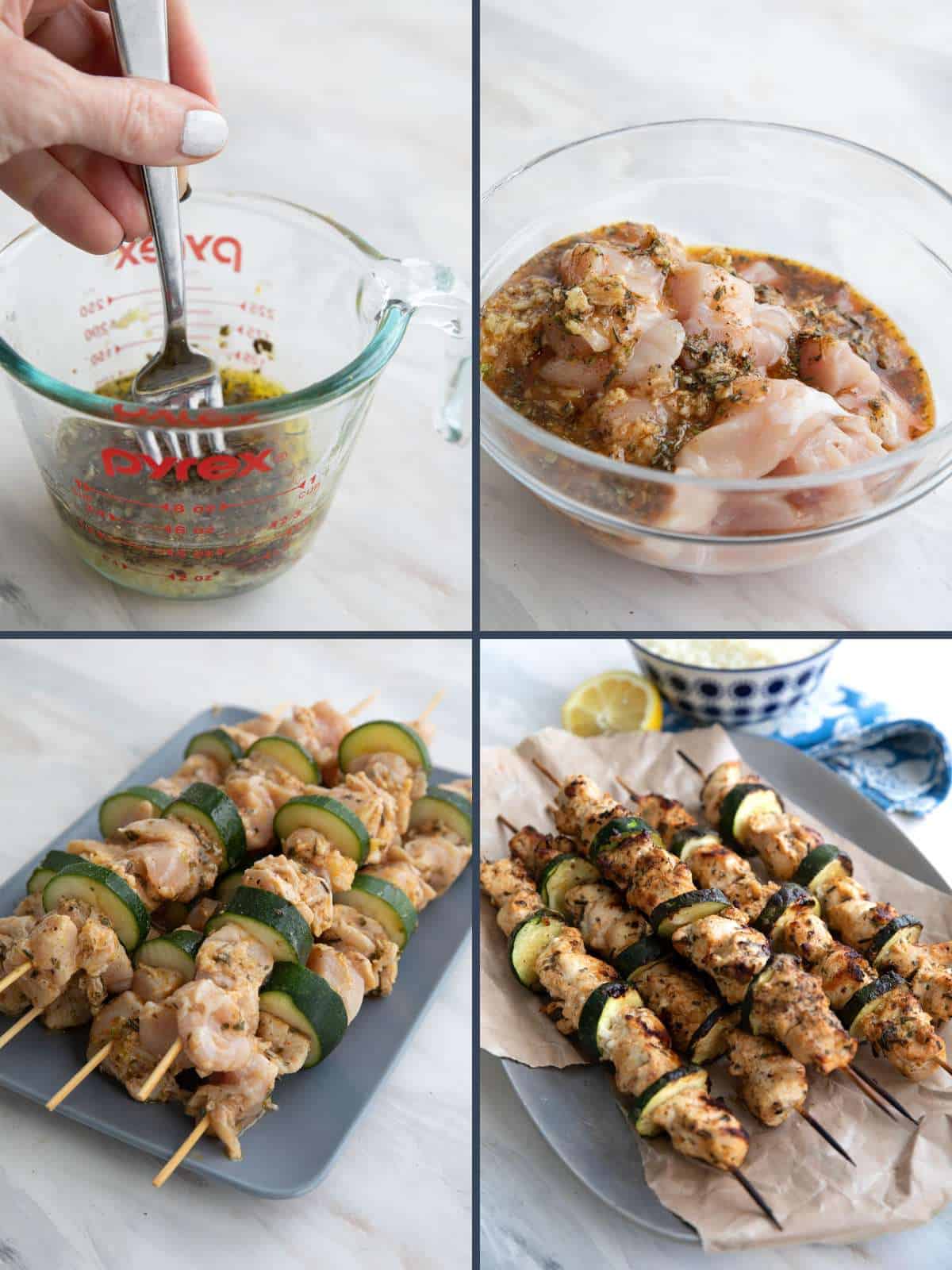 A collage of 4 images showing how to make Souvlaki Chicken.