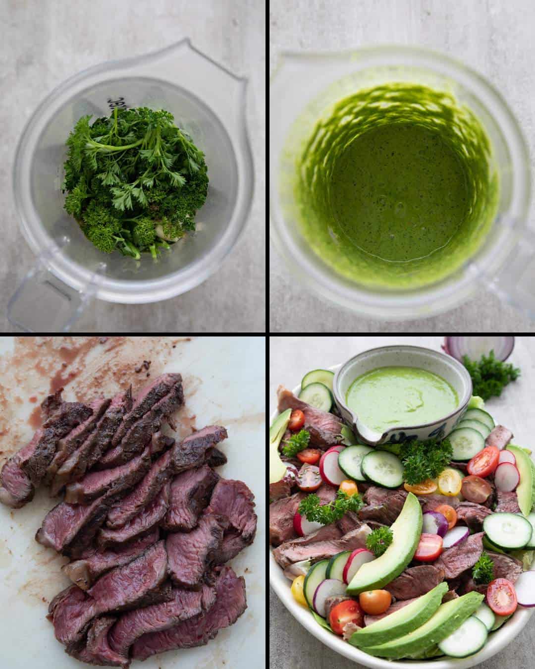A collage of 4 images showing how to make Keto Chimichurri Steak Salad.