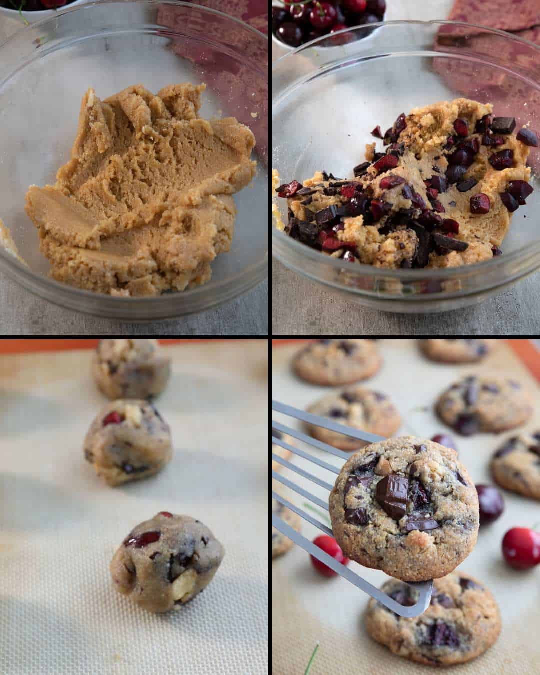 A collage of four images showing how to make Keto Cherry Chocolate Chunk Cookies.