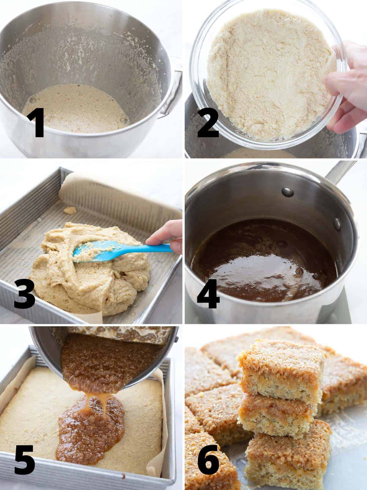 A collage of 6 images showing how to make Keto Danish Dream Cake.