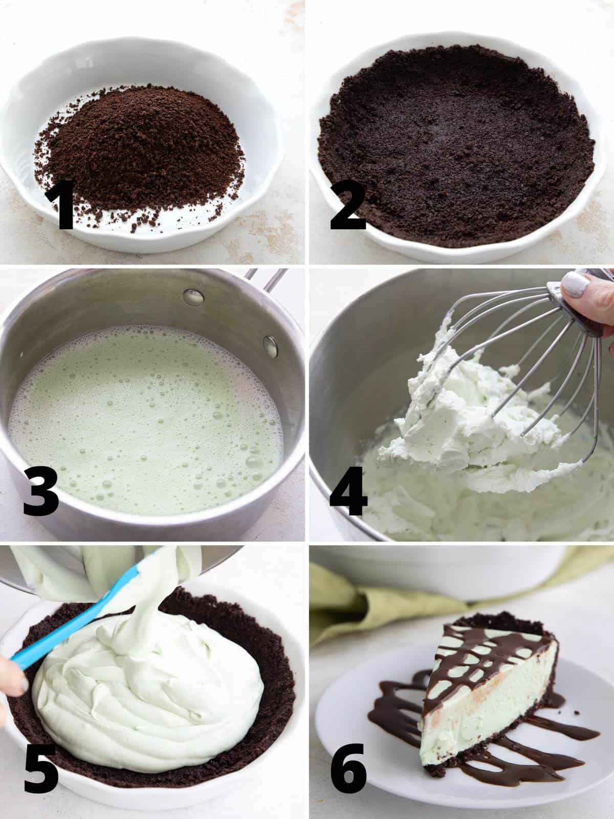 A collage of 6 images showing the steps for making Keto Grasshopper Pie.