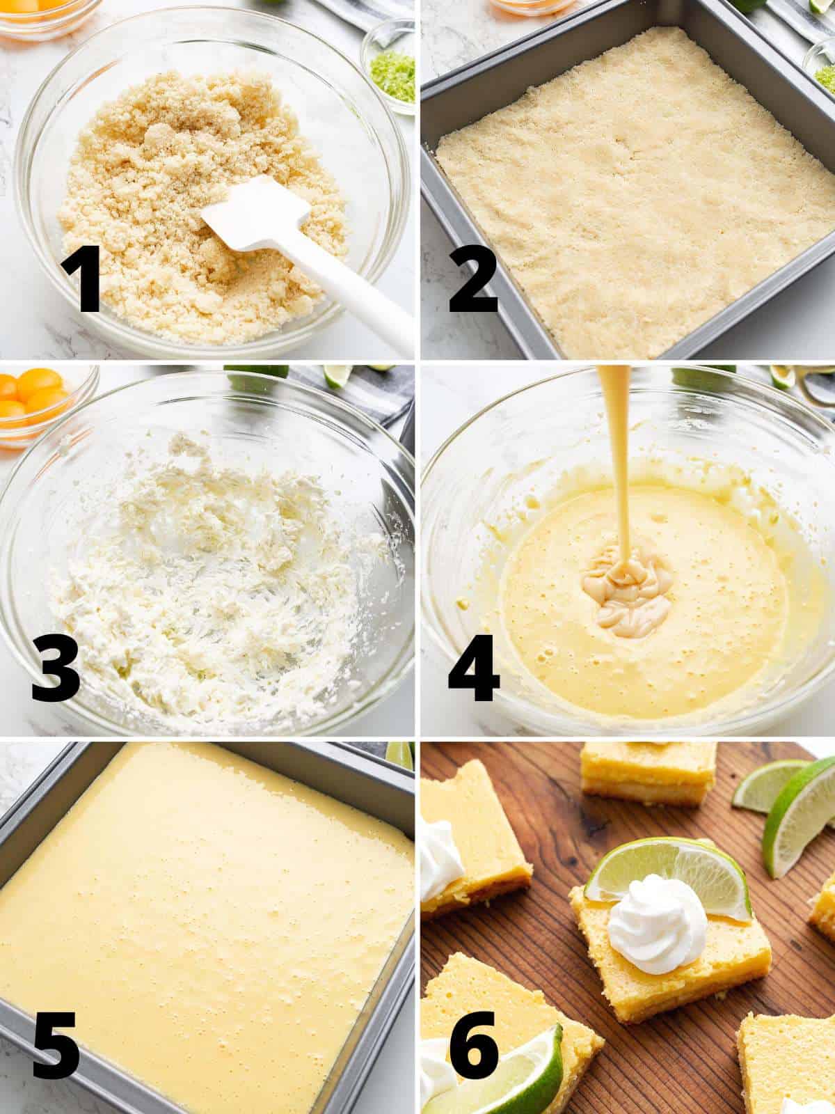 A collage of 6 images showing the steps for making key lime pie bars.