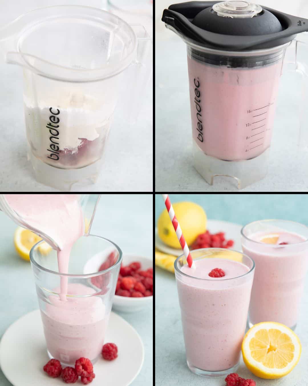 A collage of four images showing how to make a keto raspberry protein shake.